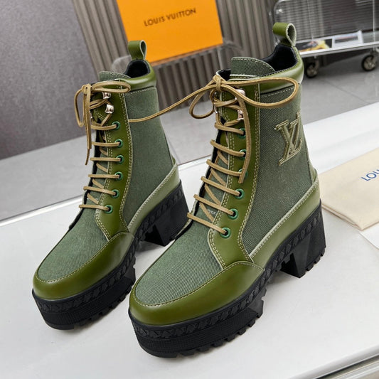 LAUREATE PLATFORM DESERT BOOT IN DARK OLIVE GREEN JACQUARD AND CALFSKIN - 35