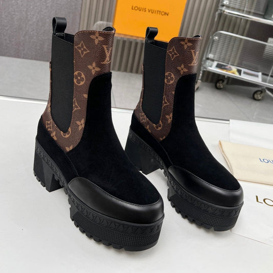 LV WOMEN SHORT BOOT IN BLACK SUEDE AND CHOCOLATE BROWN CALFSKIN - 35