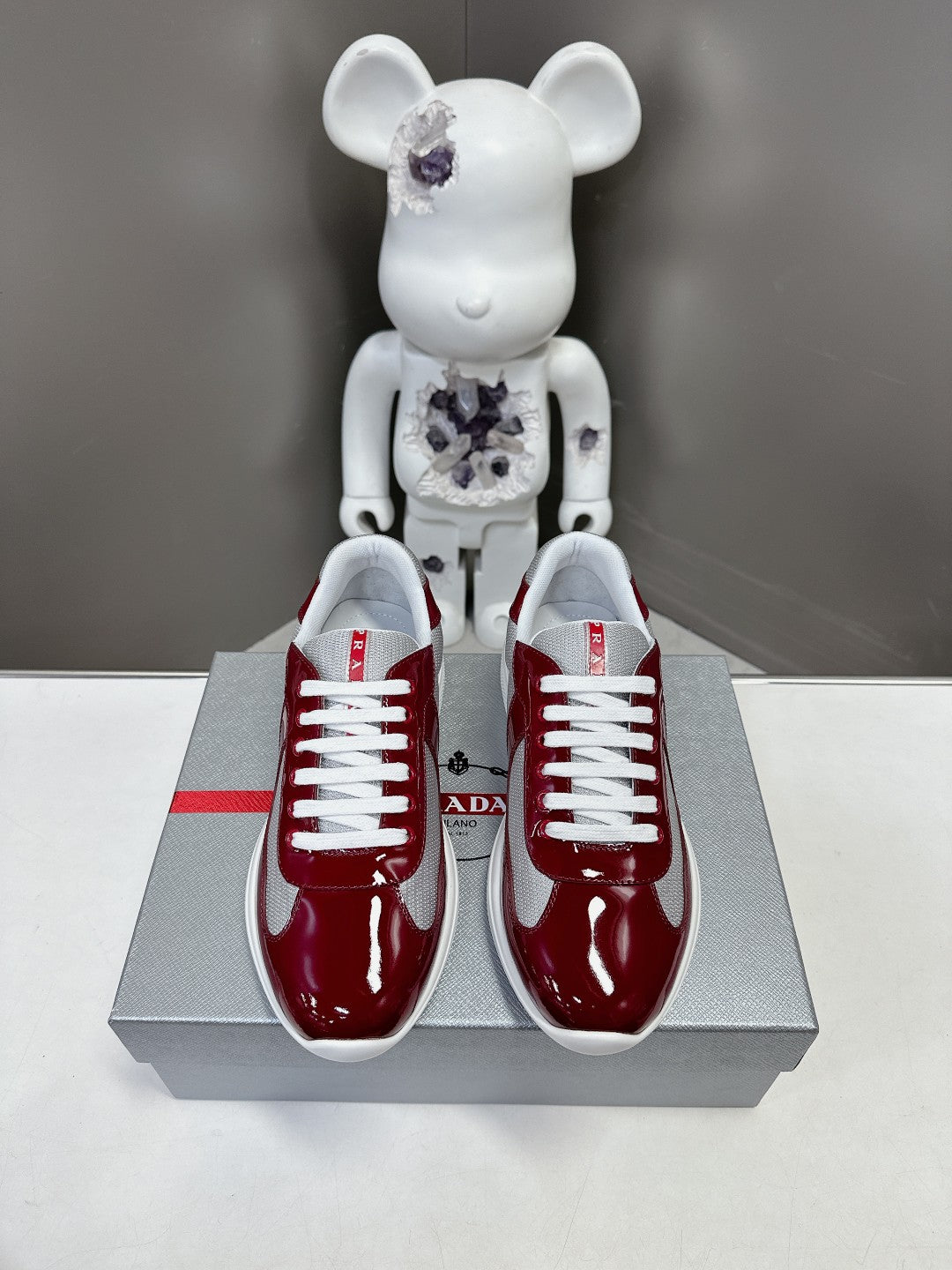 PRADA SNEAKERS IN BURDUNDY RED CALFSKIN AND MESH - 35