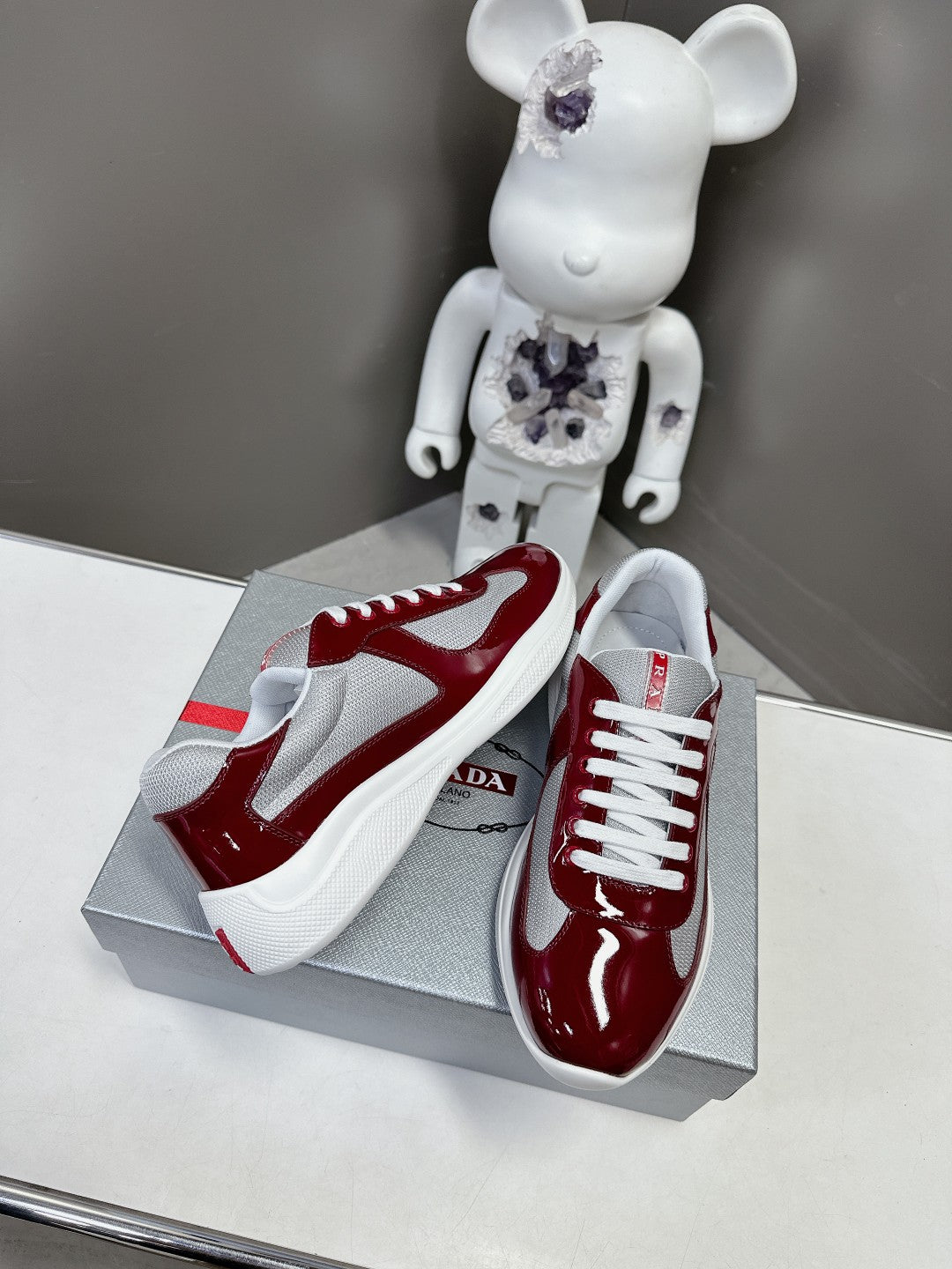 PRADA SNEAKERS IN BURDUNDY RED CALFSKIN AND MESH - 35
