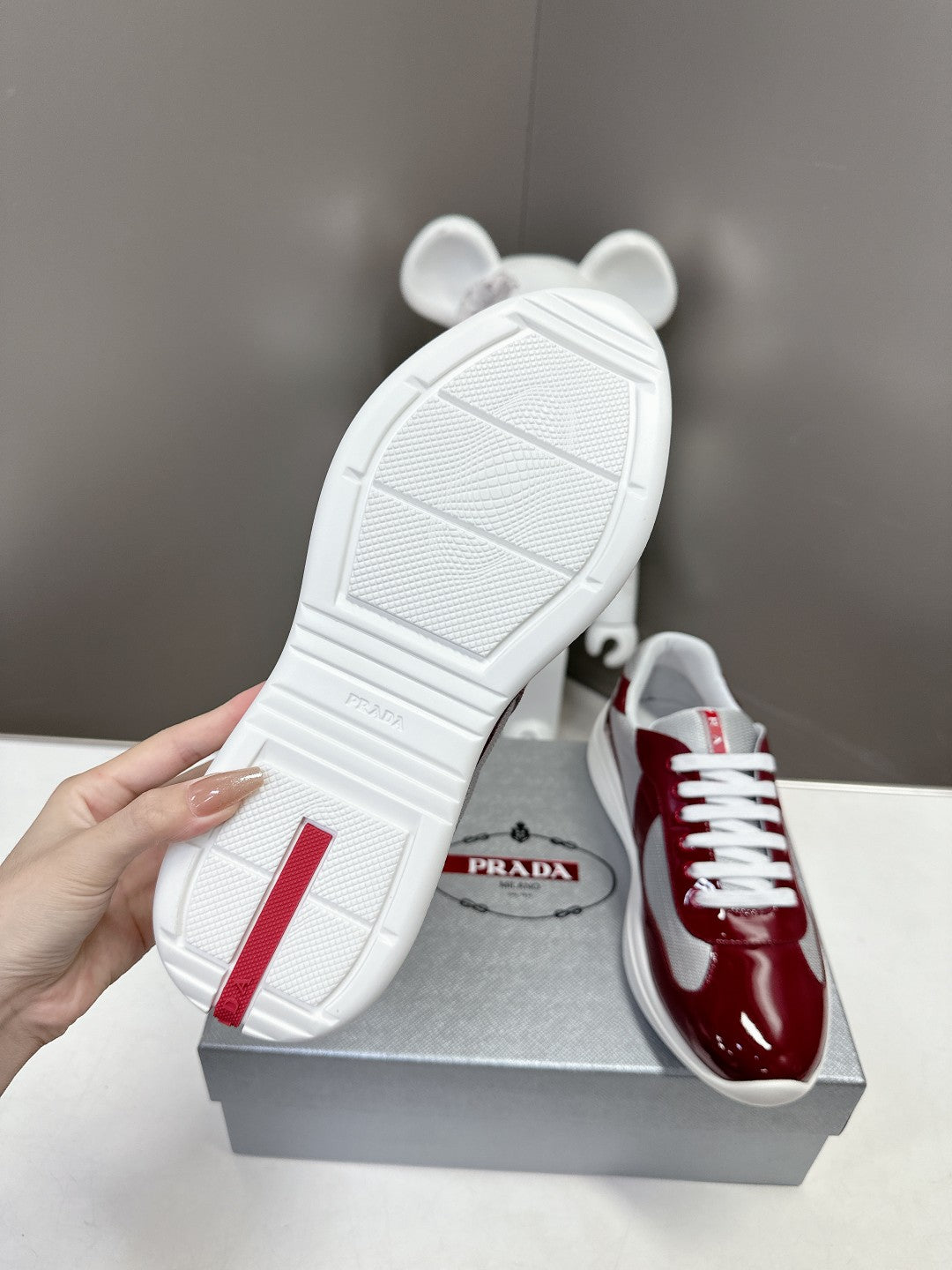 PRADA SNEAKERS IN BURDUNDY RED CALFSKIN AND MESH - 35