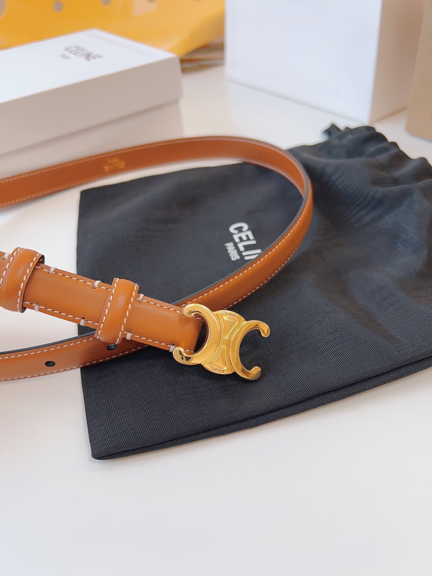 CELINE 25S TRIOMPHE BELT 18MM IN DARK CARAMEL CALFSKIN GOLD HARDWARE 580706 - 26 - 28