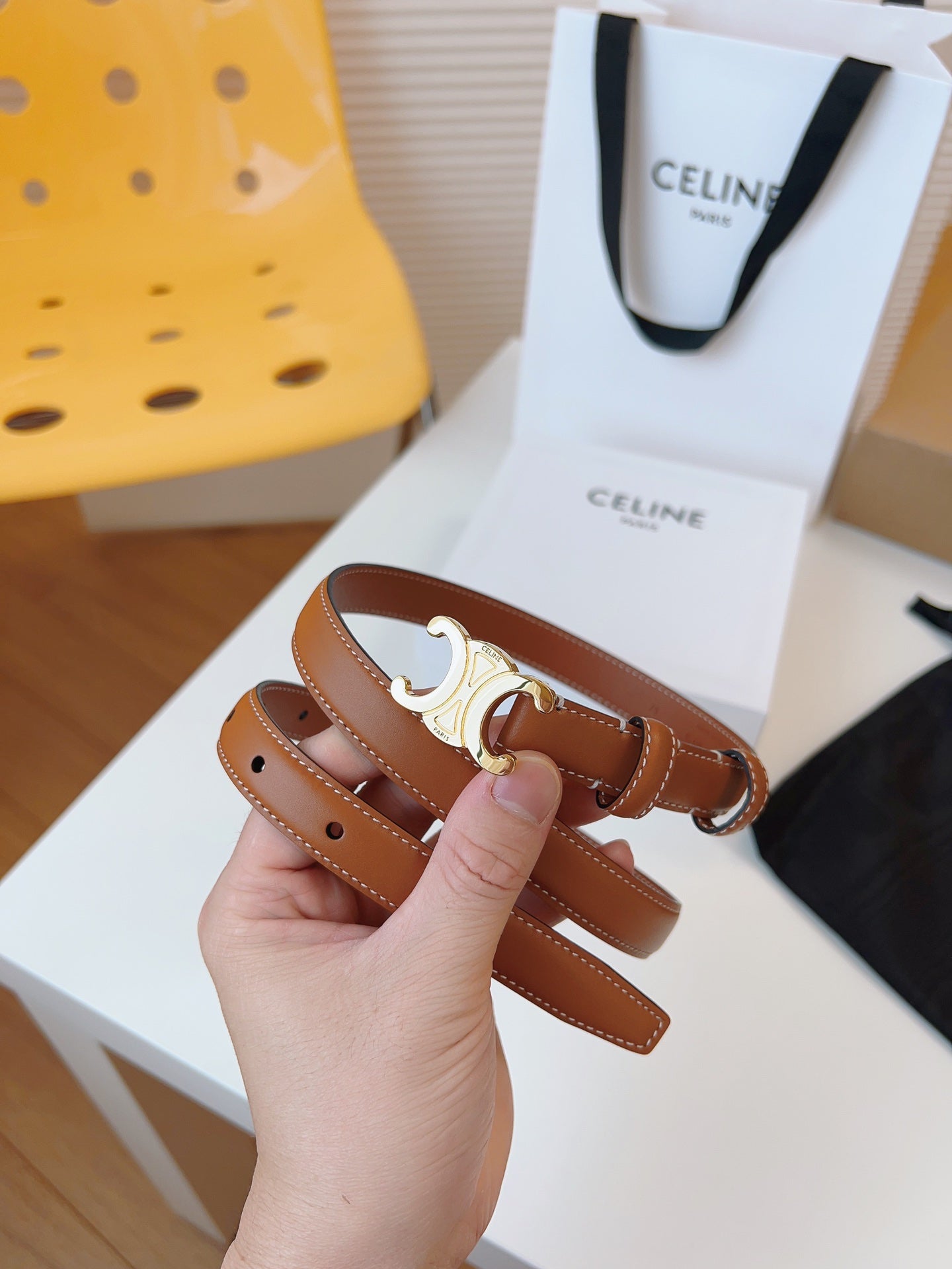 CELINE 25S TRIOMPHE BELT 18MM IN DARK CARAMEL CALFSKIN GOLD HARDWARE 580706 - 26 - 28