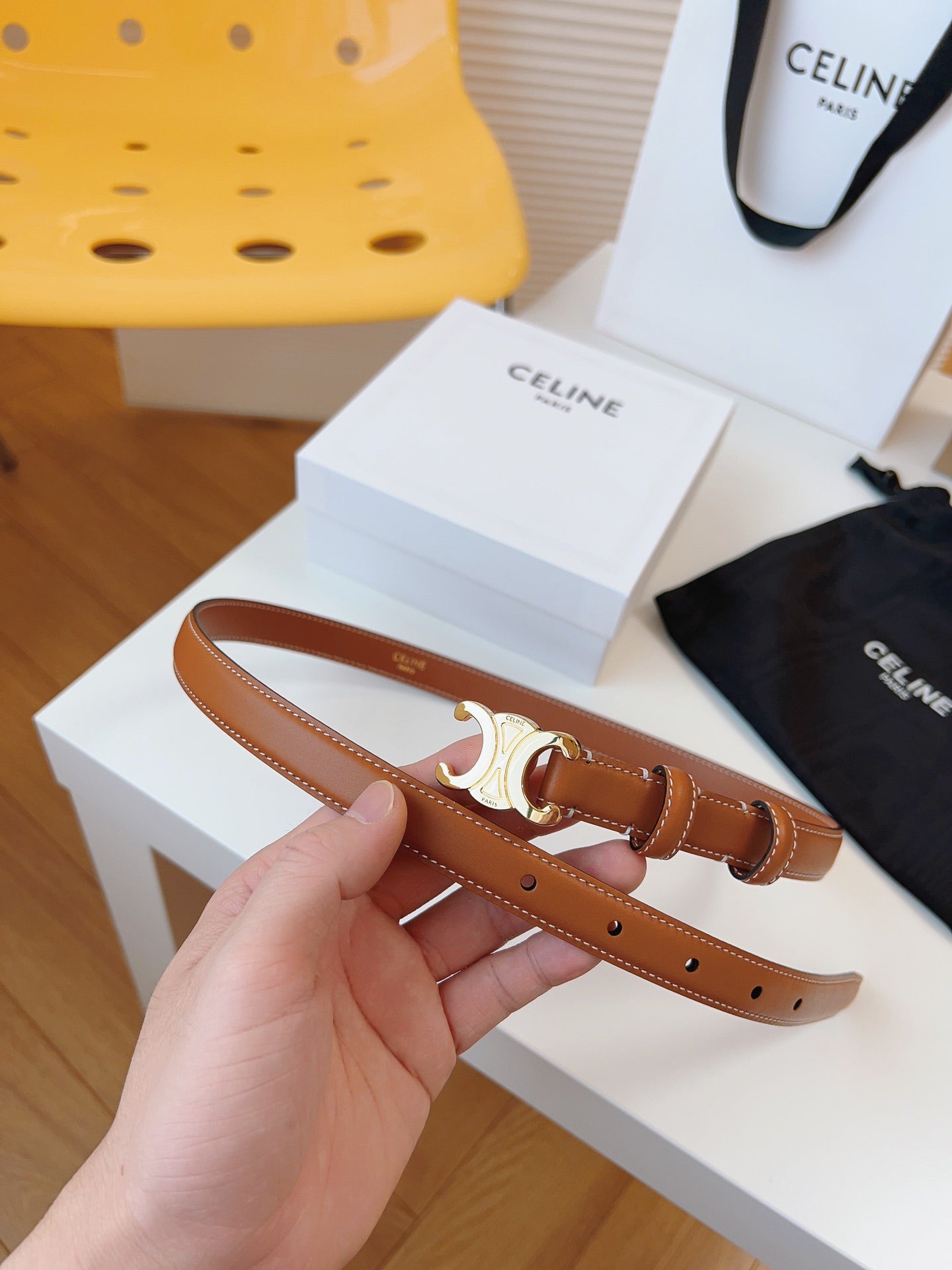 CELINE 25S TRIOMPHE BELT 18MM IN DARK CARAMEL CALFSKIN GOLD HARDWARE 580706 - 26 - 28