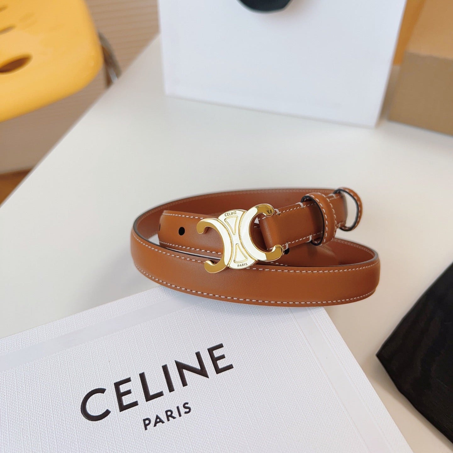 CELINE 25S TRIOMPHE BELT 18MM IN DARK CARAMEL CALFSKIN GOLD HARDWARE 580706 - 26 - 28