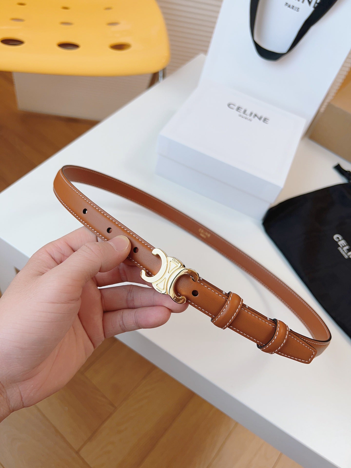 CELINE 25S TRIOMPHE BELT 18MM IN DARK CARAMEL CALFSKIN GOLD HARDWARE 580706 - 26 - 28