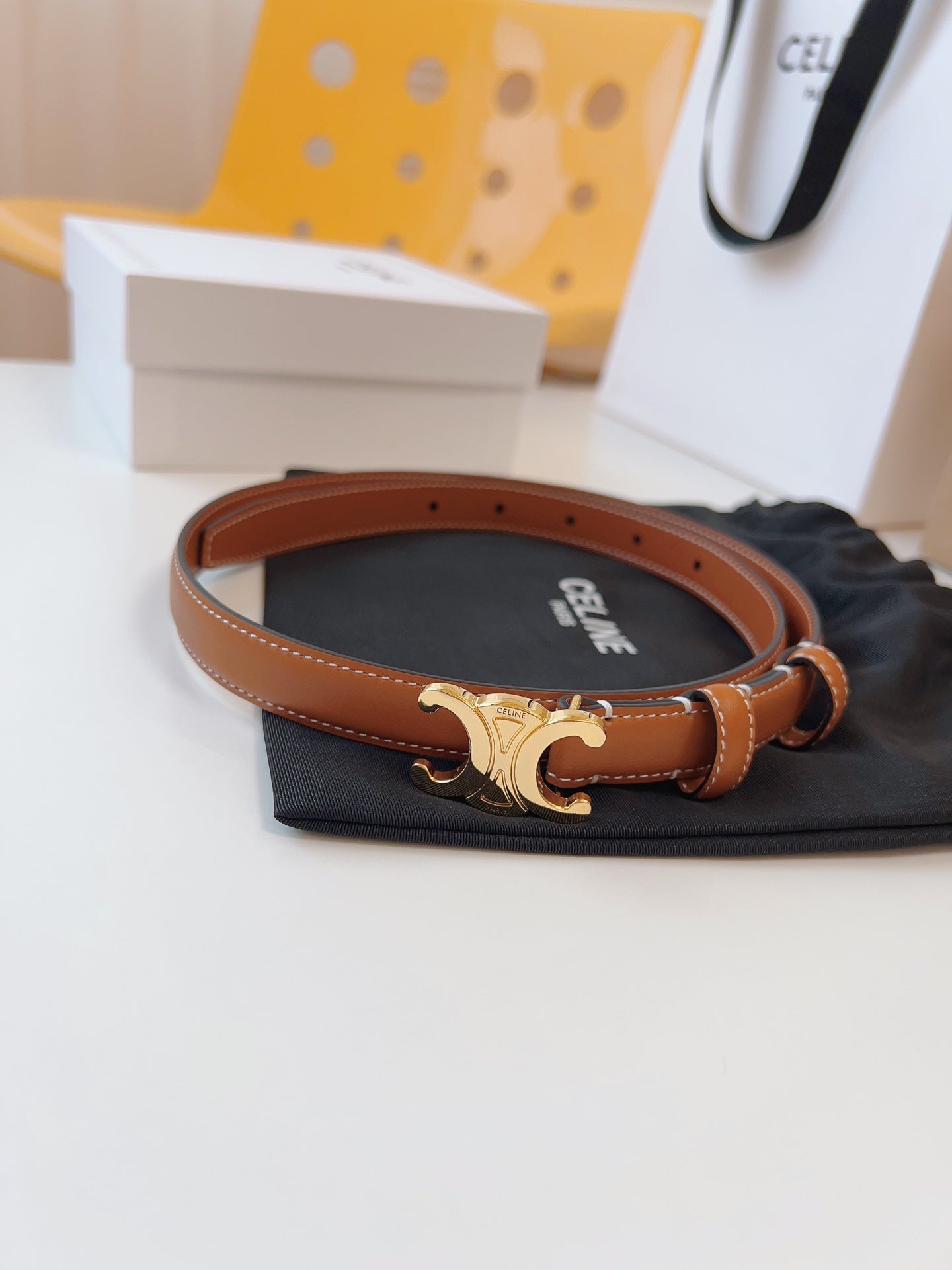 CELINE 25S TRIOMPHE BELT 18MM IN DARK CARAMEL CALFSKIN GOLD HARDWARE 580706 - 26 - 28