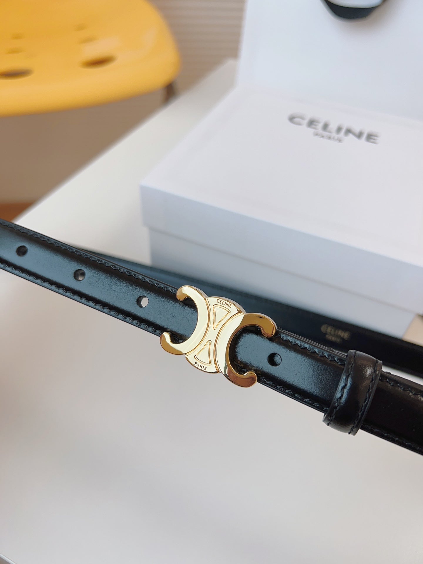 CELINE 25S TRIOMPHE BELT 18MM IN BLACK CALFSKIN GOLD HARDWARE 580707 - 26 - 28