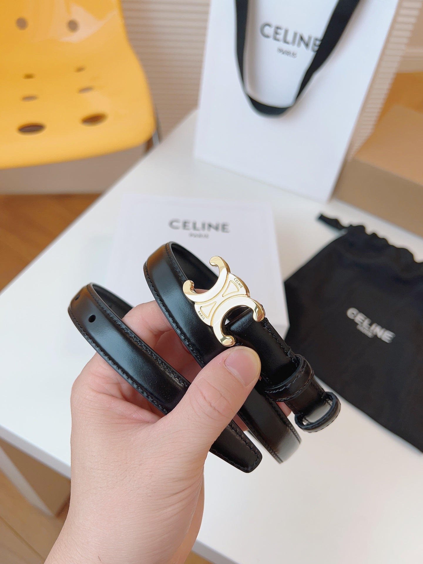 CELINE 25S TRIOMPHE BELT 18MM IN BLACK CALFSKIN GOLD HARDWARE 580707 - 26 - 28