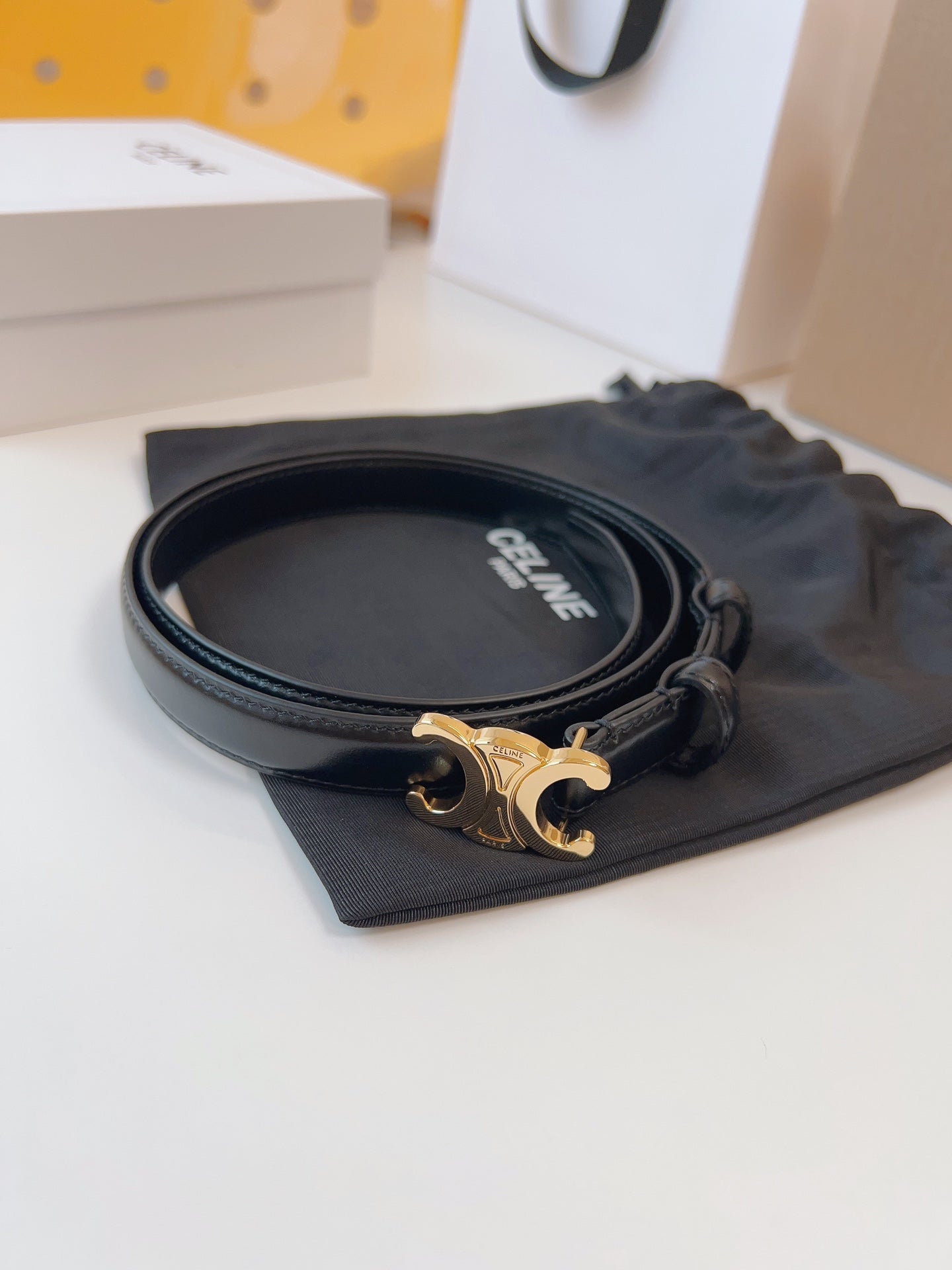 CELINE 25S TRIOMPHE BELT 18MM IN BLACK CALFSKIN GOLD HARDWARE 580707 - 26 - 28