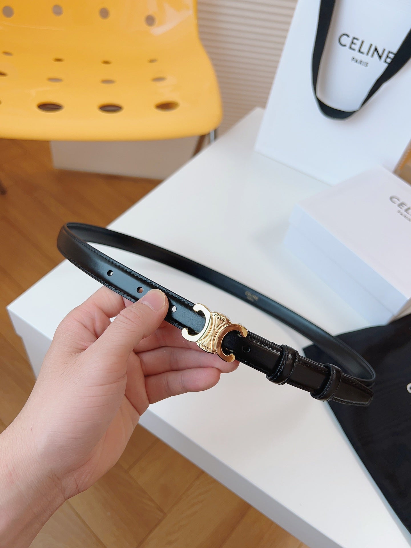 CELINE 25S TRIOMPHE BELT 18MM IN BLACK CALFSKIN GOLD HARDWARE 580707 - 26 - 28