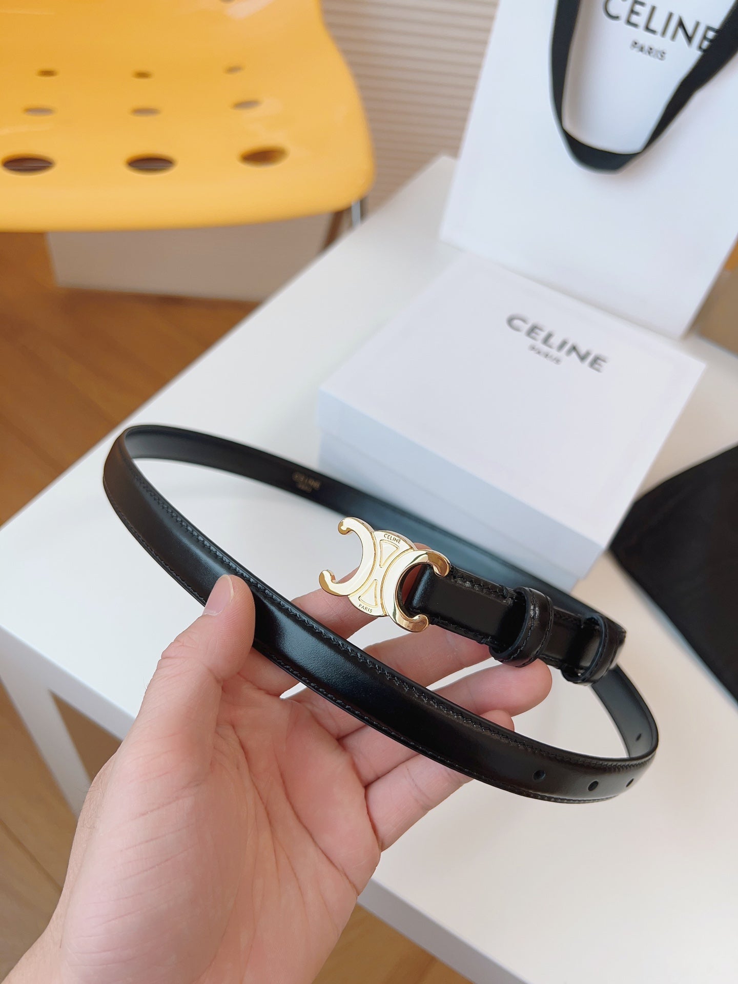 CELINE 25S TRIOMPHE BELT 18MM IN BLACK CALFSKIN GOLD HARDWARE 580707 - 26 - 28