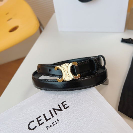CELINE 25S TRIOMPHE BELT 18MM IN BLACK CALFSKIN GOLD HARDWARE 580707 - 26 - 28