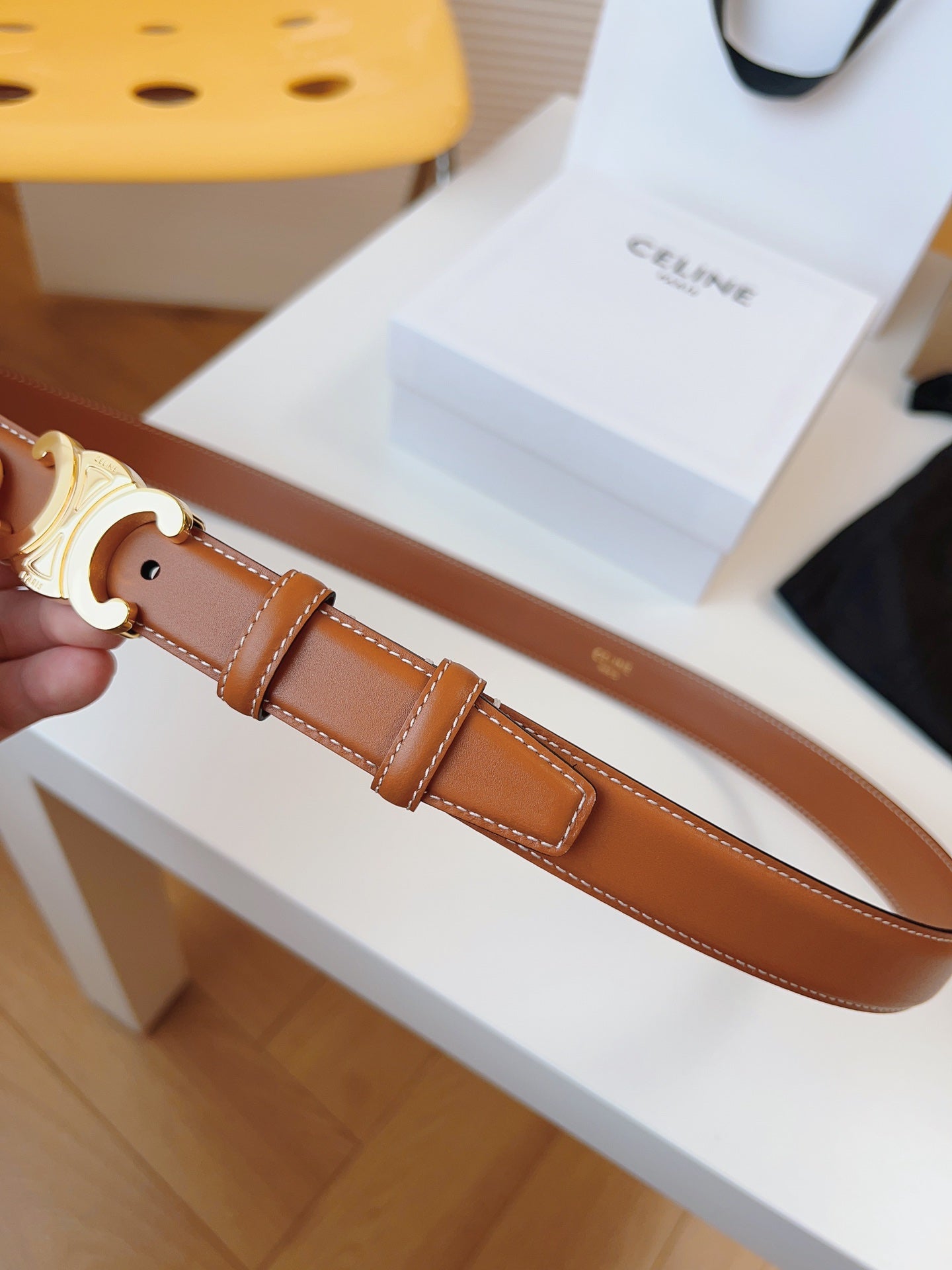 CELINE 25S TRIOMPHE BELT 25MM IN CARAMEL CALFSKIN GOLD HARDWARE 580704 - 26 - 28