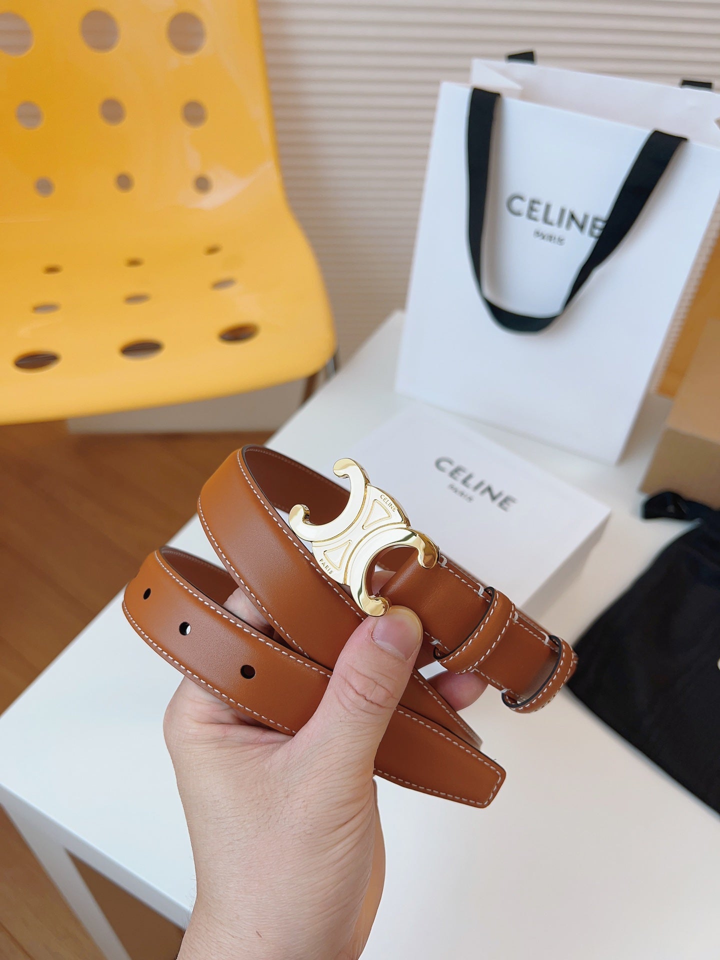 CELINE 25S TRIOMPHE BELT 25MM IN CARAMEL CALFSKIN GOLD HARDWARE 580704 - 26 - 28