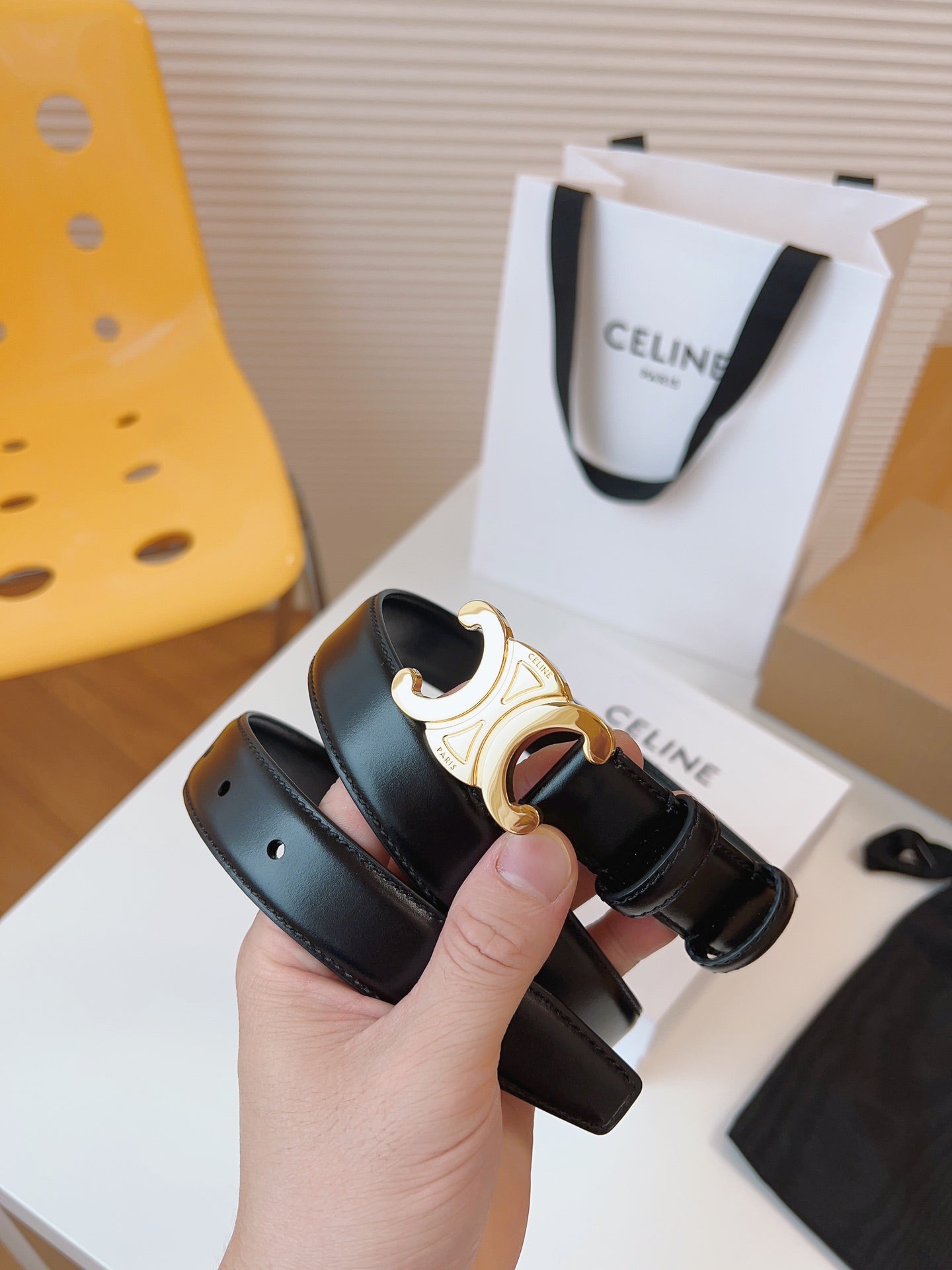 CELINE 25S TRIOMPHE BELT 25MM IN BLACK CALFSKIN GOLD HARDWARE 580705 - 26 - 28
