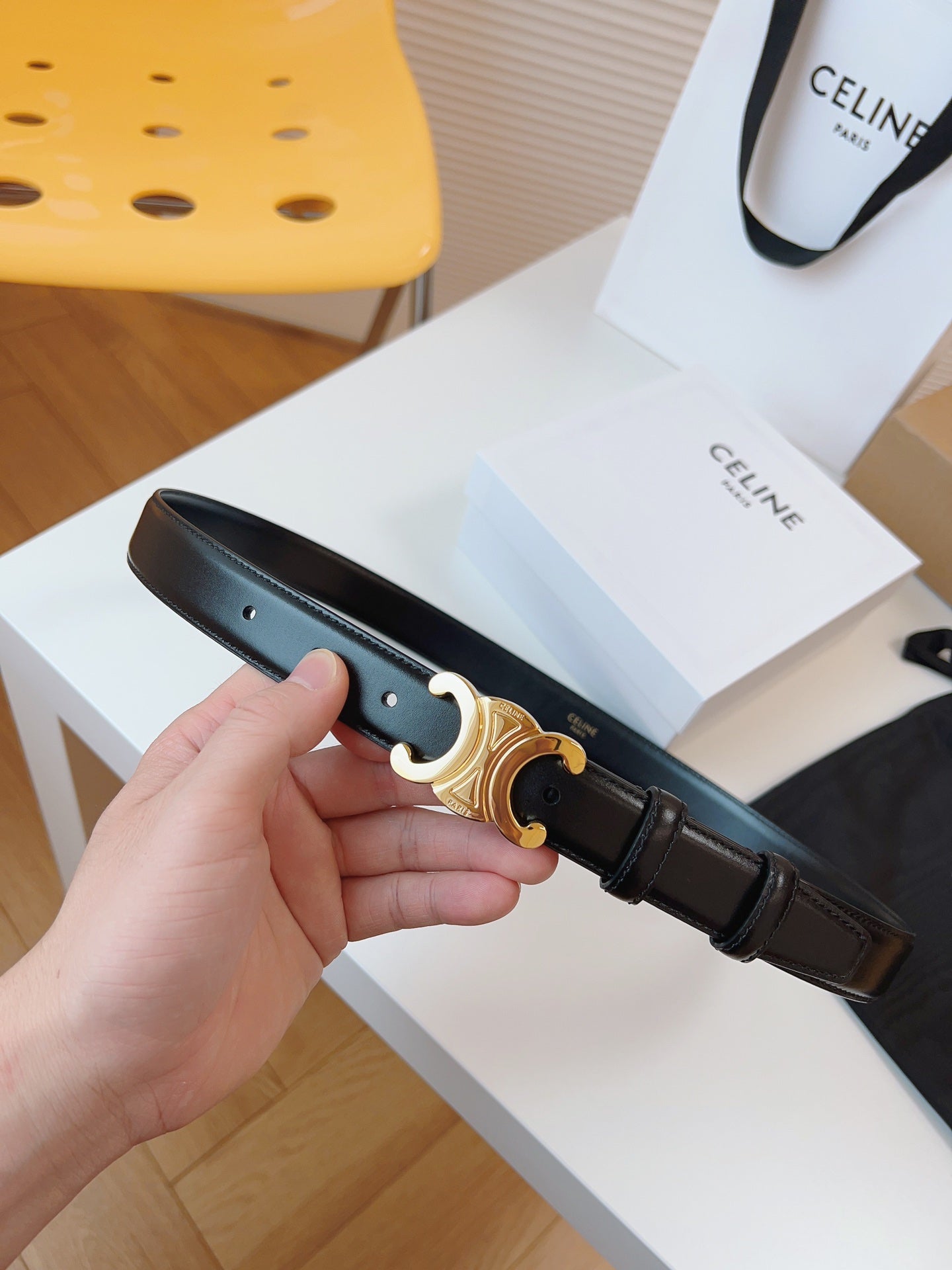 CELINE 25S TRIOMPHE BELT 25MM IN BLACK CALFSKIN GOLD HARDWARE 580705 - 26 - 28