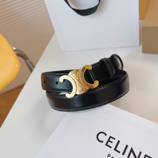 CELINE 25S TRIOMPHE BELT 25MM IN BLACK CALFSKIN GOLD HARDWARE 580705 - 26 - 28