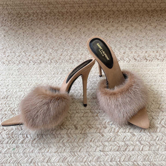 LA 16 HEELED MULES IN BEIGE RABBIT FUR AND SMOOTH LAMBSKIN - 34