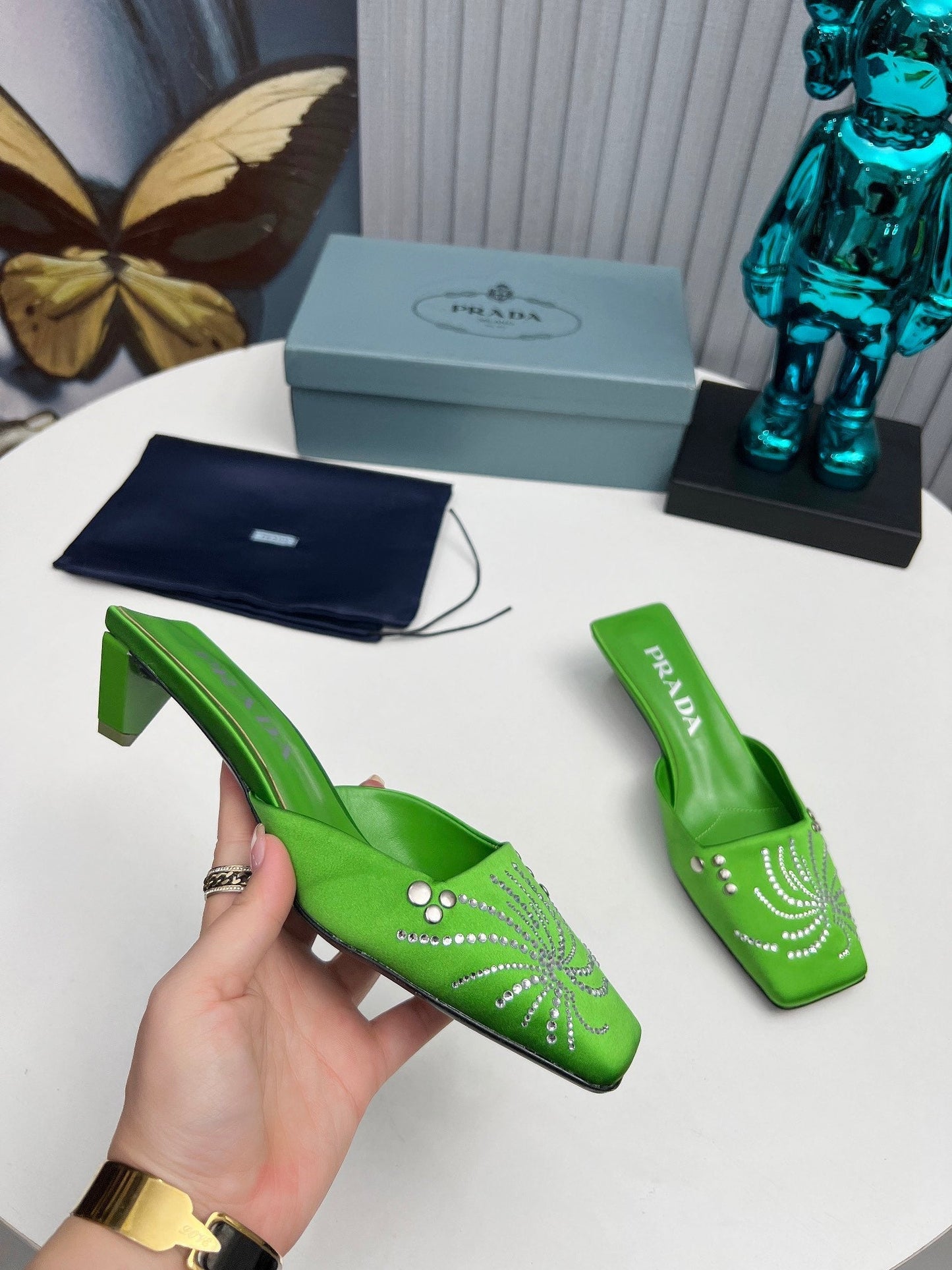 PRADA 26S MULE 40MM IN APPLE GREEN SATIN CRYSTAL EMBELLISHED
