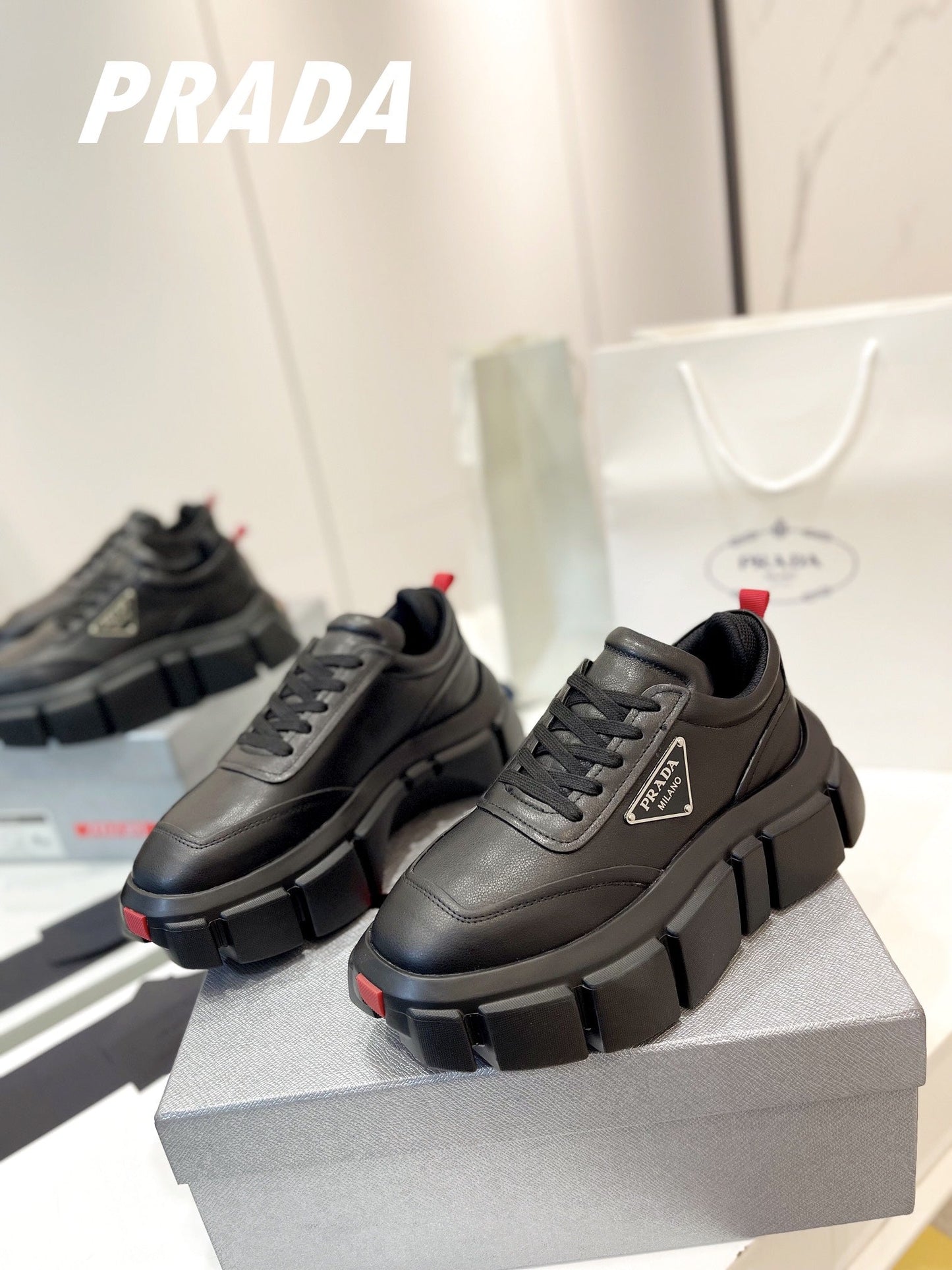 PRA BRUSHED THICK-SOLE SNEAKERS BLACK CALFSKIN - 34