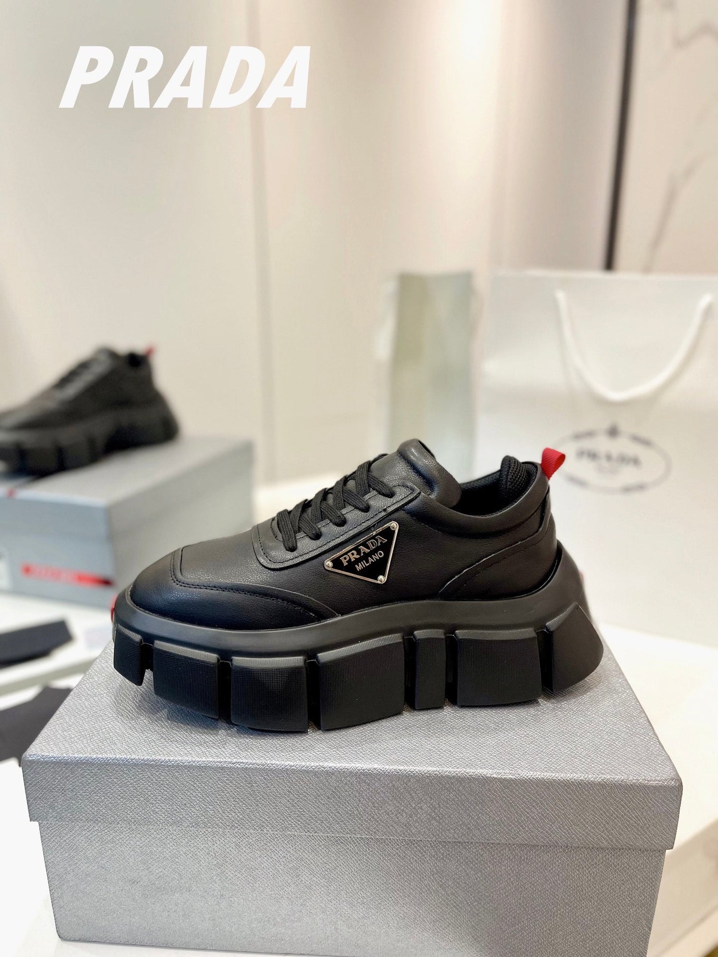 PRA BRUSHED THICK-SOLE SNEAKERS BLACK CALFSKIN - 34