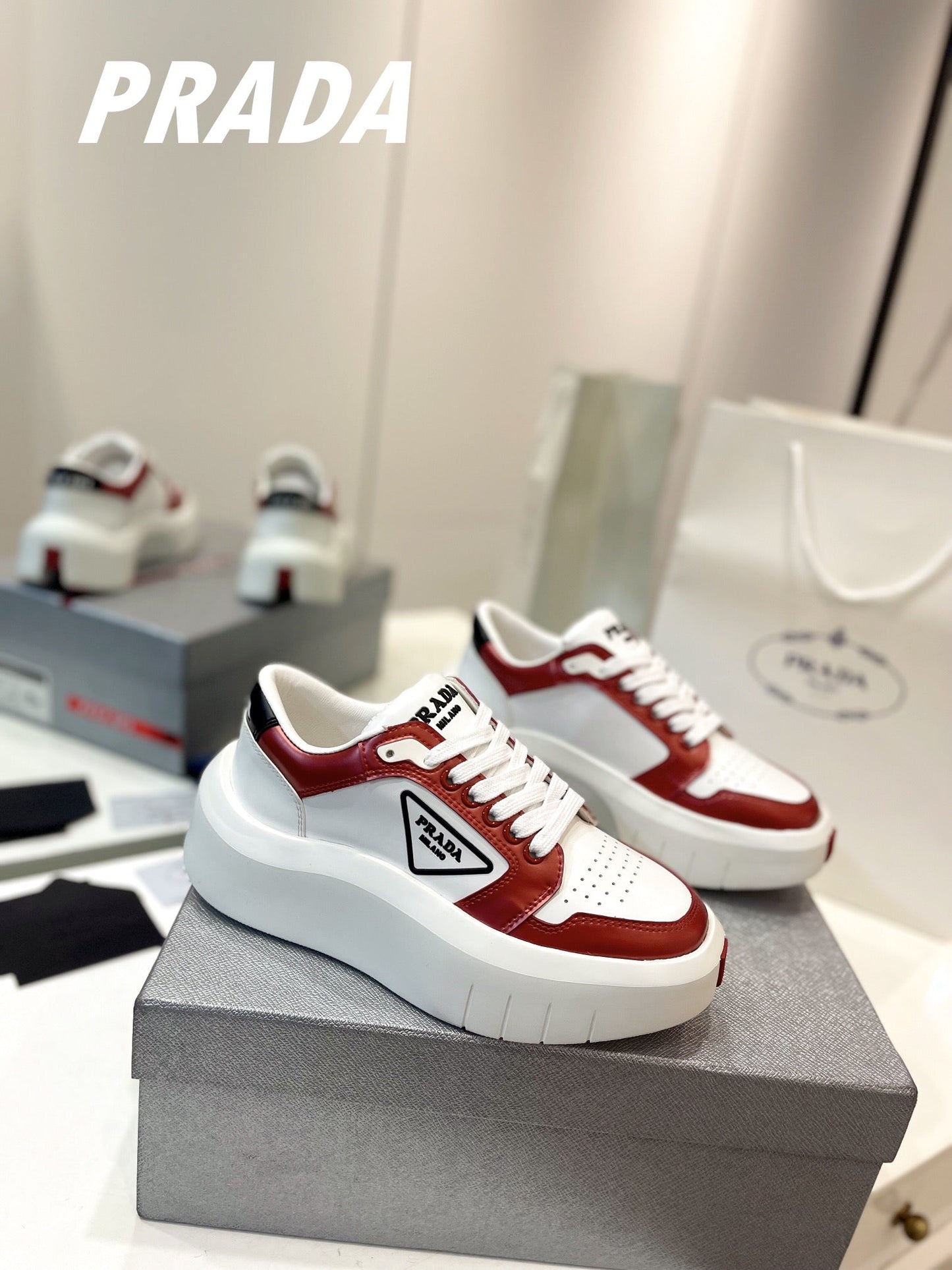 PRA DOWNTOWN THICK-SOLE SNEAKERS WHITE AND CHERRY CALFSKIN - 34