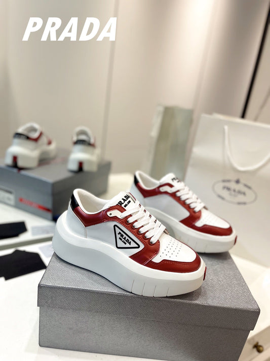PRA DOWNTOWN THICK-SOLE SNEAKERS WHITE AND CHERRY CALFSKIN - 34