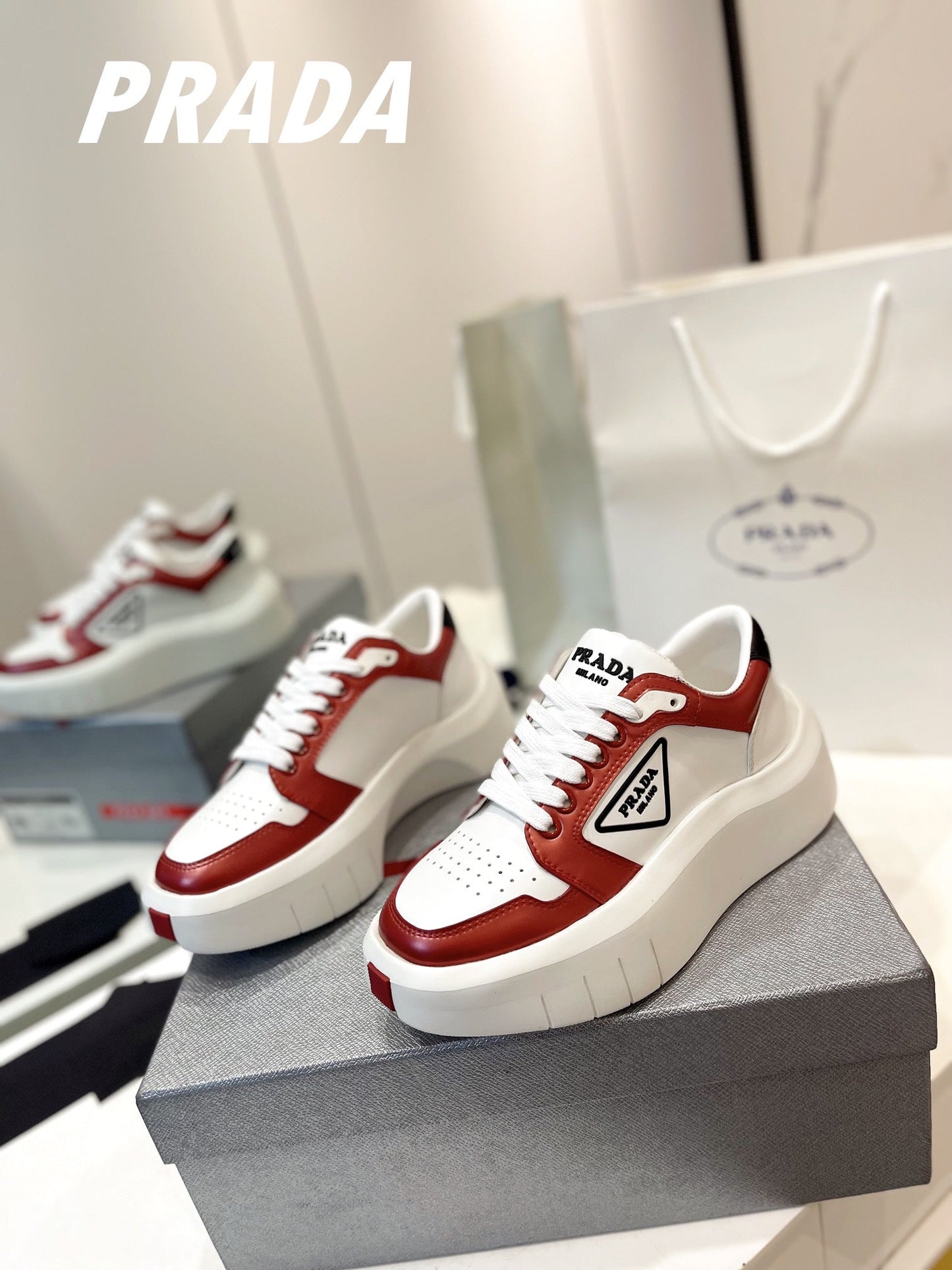 PRA DOWNTOWN THICK-SOLE SNEAKERS WHITE AND CHERRY CALFSKIN - 34