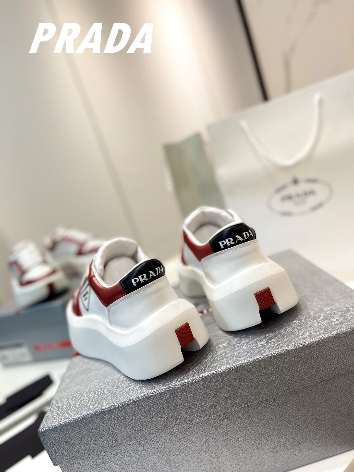 PRA DOWNTOWN THICK-SOLE SNEAKERS WHITE AND CHERRY CALFSKIN - 34