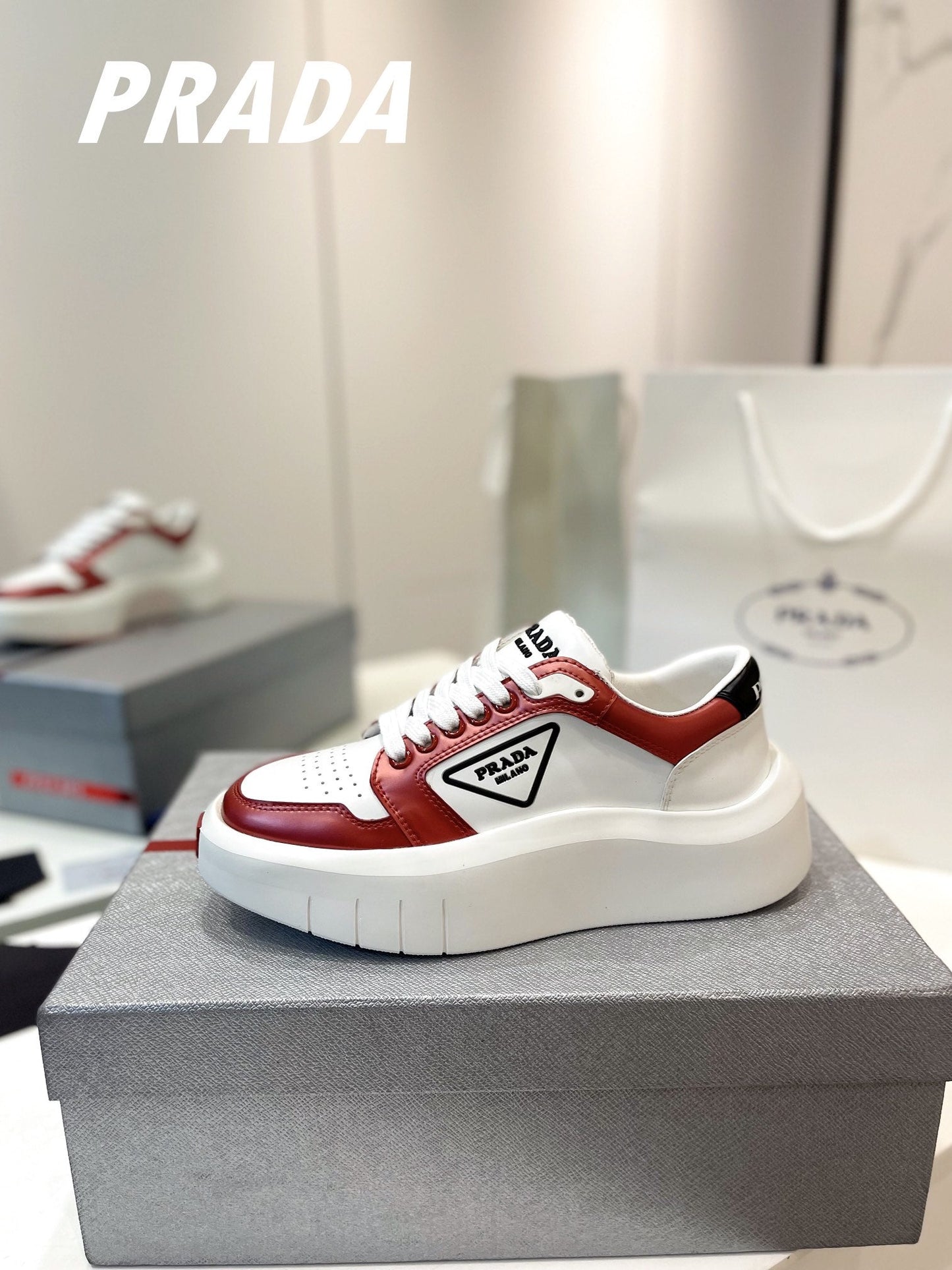 PRA DOWNTOWN THICK-SOLE SNEAKERS WHITE AND CHERRY CALFSKIN - 34