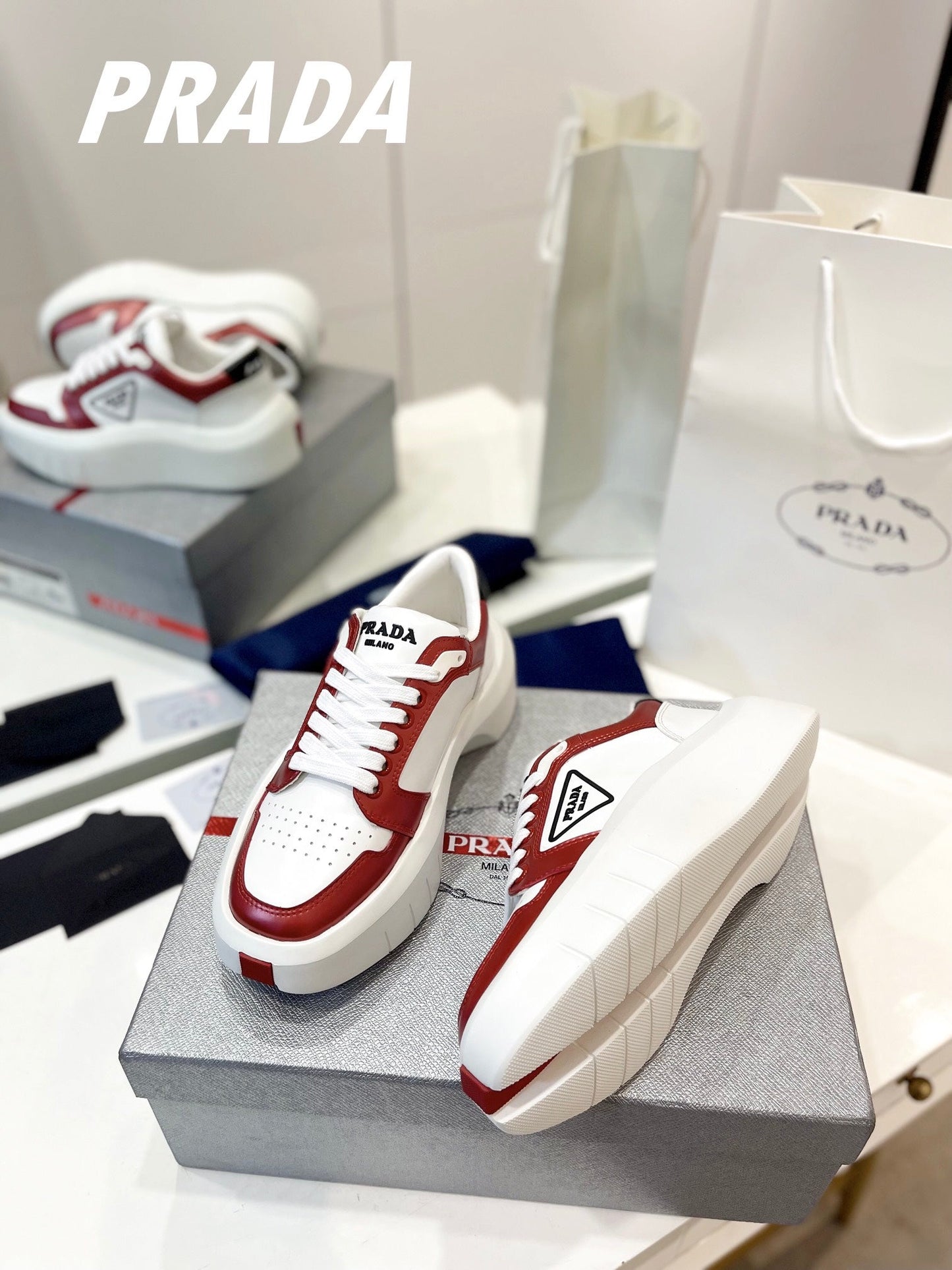 PRA DOWNTOWN THICK-SOLE SNEAKERS WHITE AND CHERRY CALFSKIN - 34