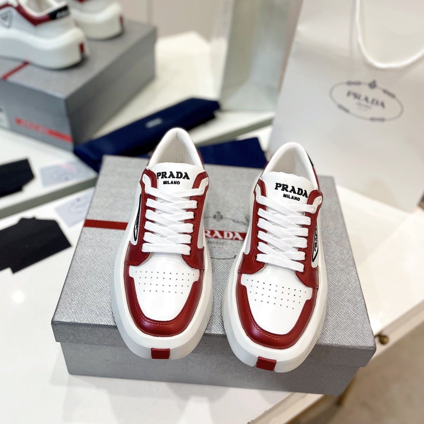PRA DOWNTOWN THICK-SOLE SNEAKERS WHITE AND CHERRY CALFSKIN - 34