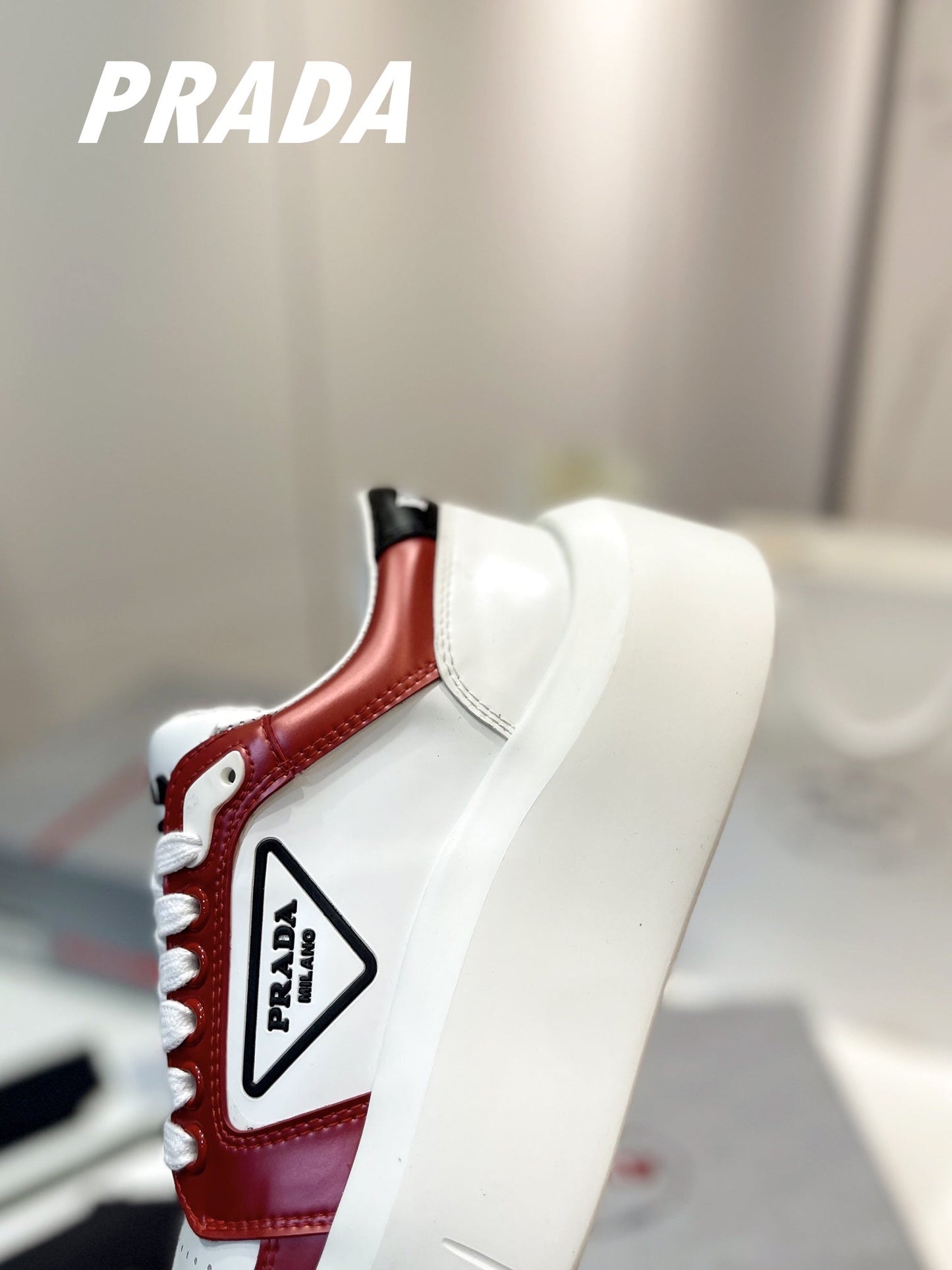 PRA DOWNTOWN THICK-SOLE SNEAKERS WHITE AND CHERRY CALFSKIN - 34