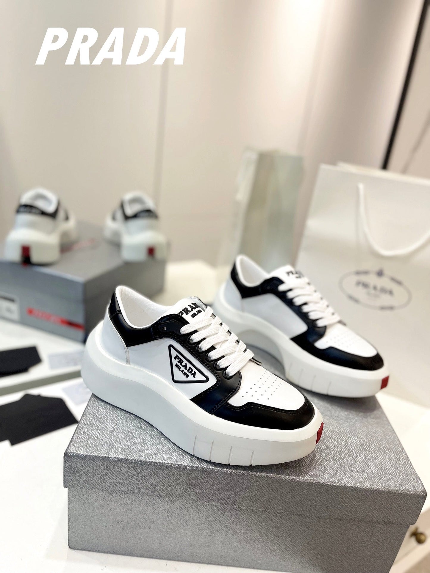 PRA DOWNTOWN THICK-SOLE SNEAKERS BLACK AND WHITE CALFSKIN - 34