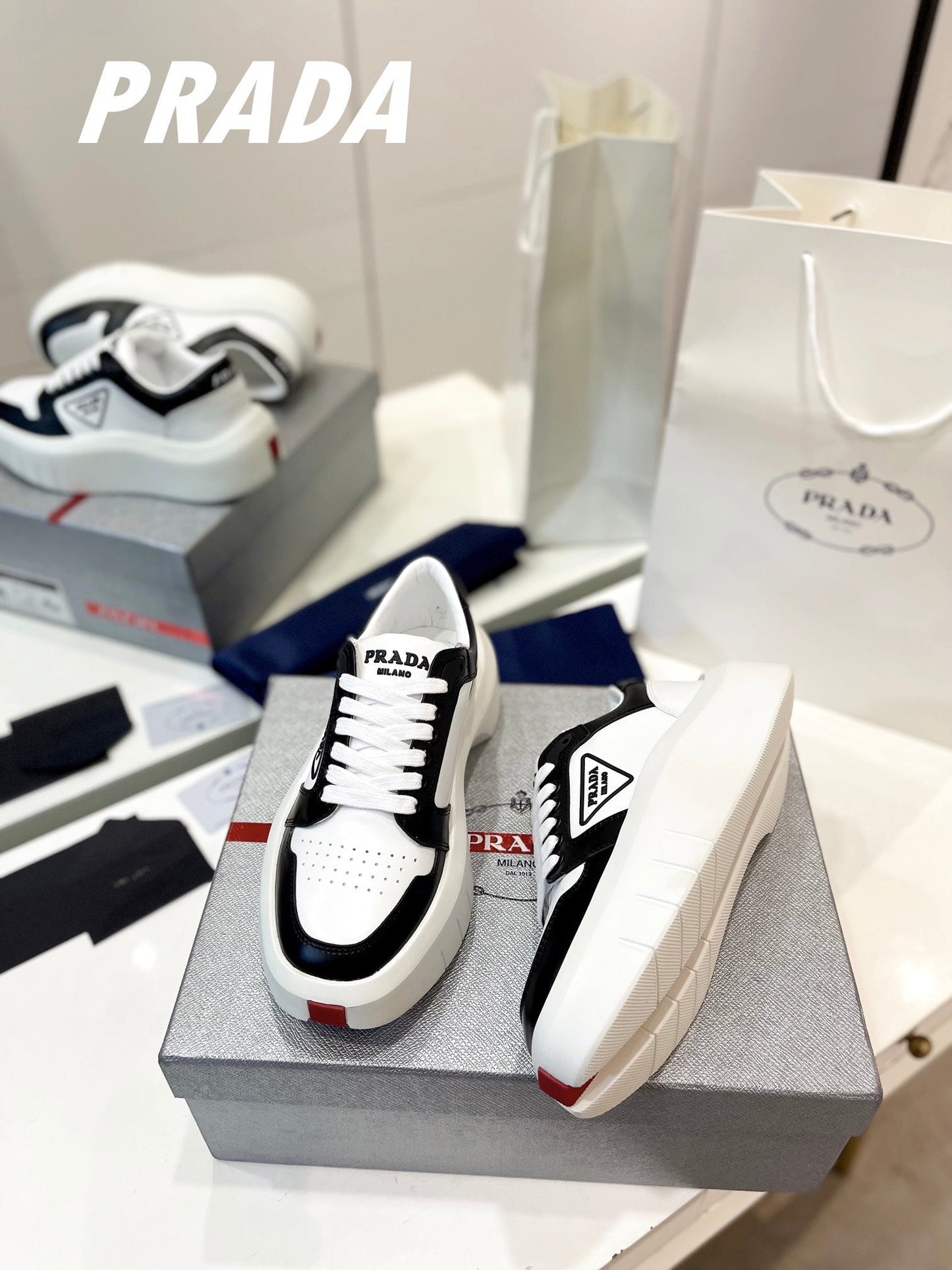 PRA DOWNTOWN THICK-SOLE SNEAKERS BLACK AND WHITE CALFSKIN - 34