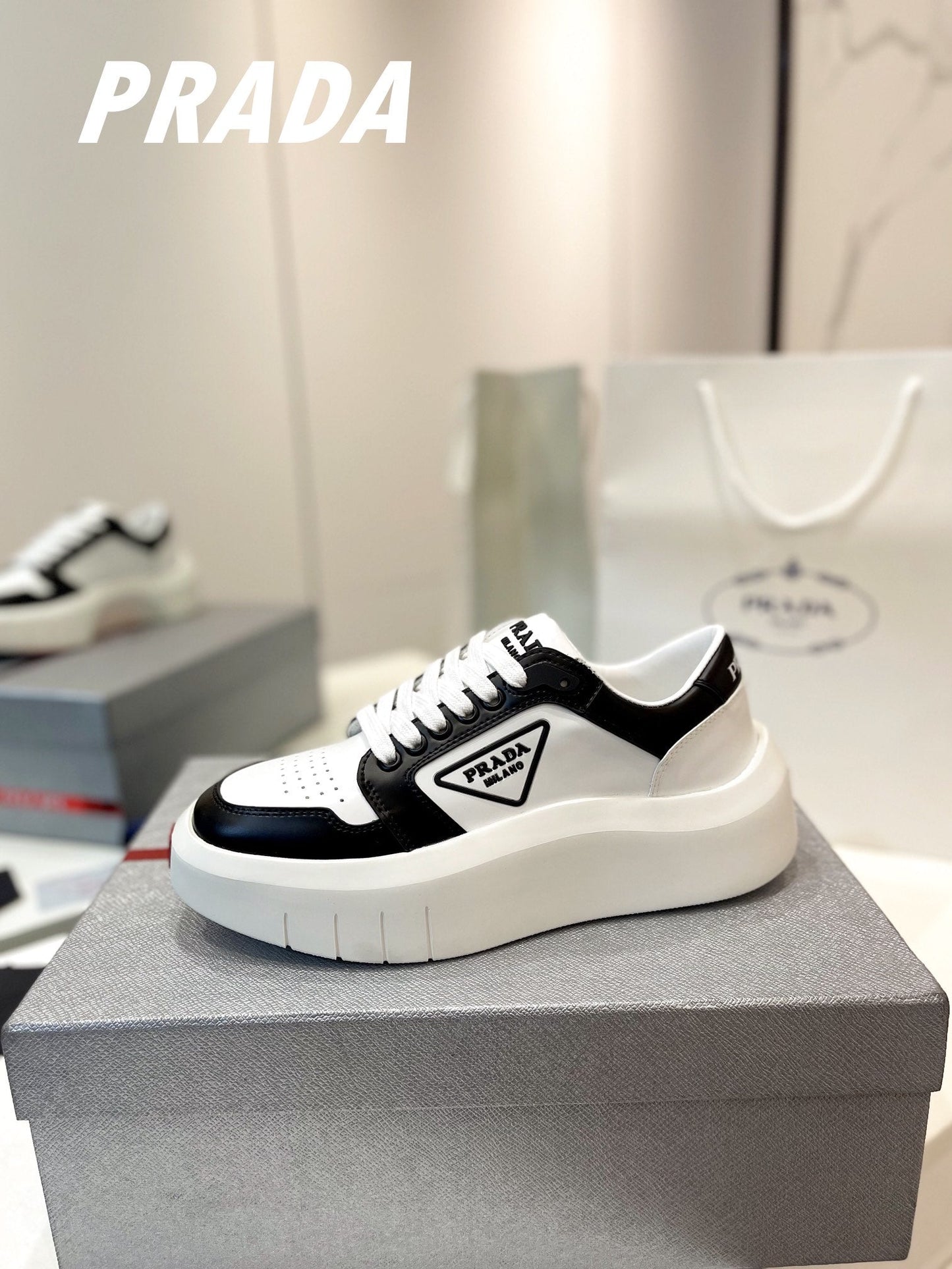 PRA DOWNTOWN THICK-SOLE SNEAKERS BLACK AND WHITE CALFSKIN - 34