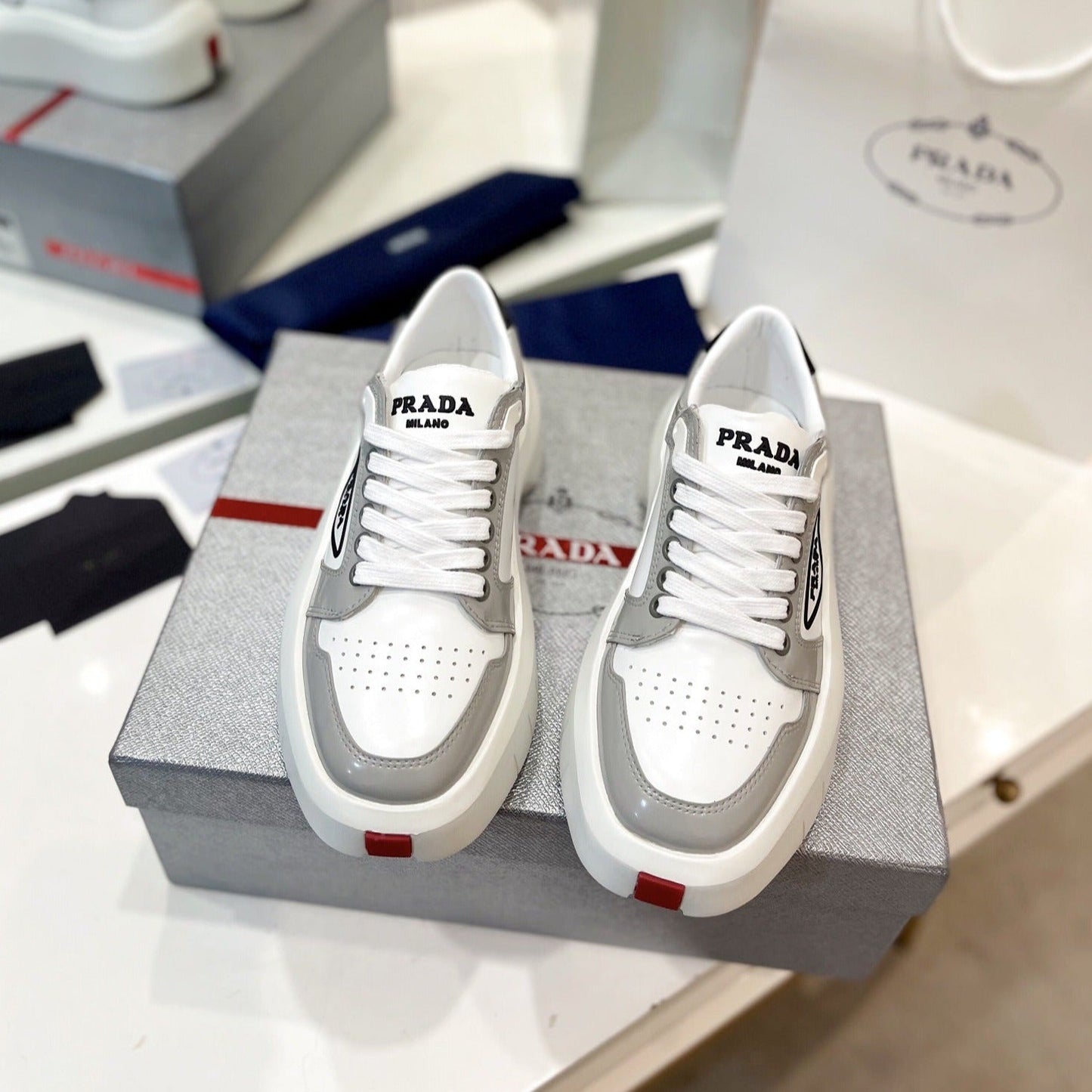 PRA DOWNTOWN THICK-SOLE SNEAKERS WHITE AND GRAY CALFSKIN - 34