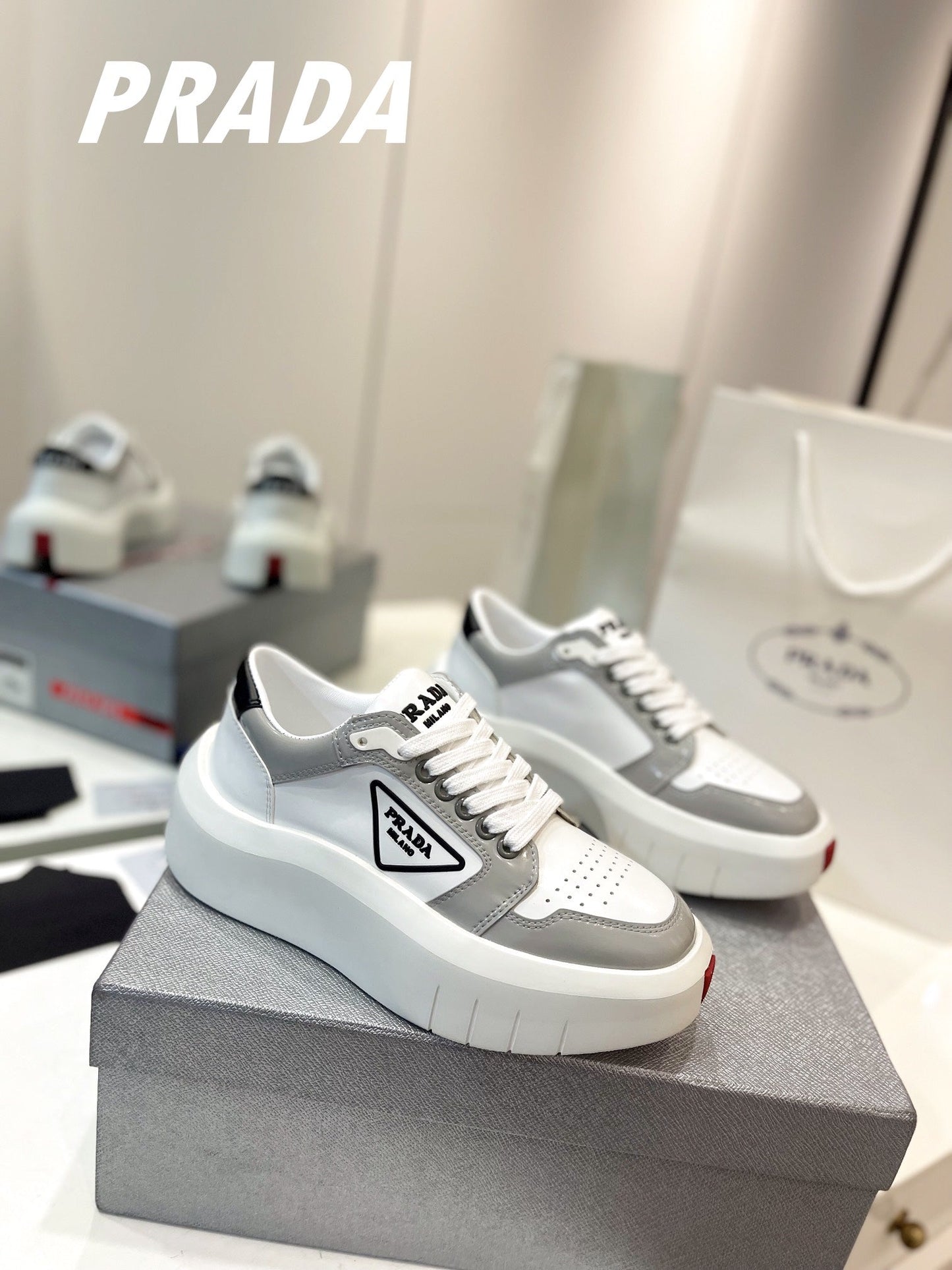 PRA DOWNTOWN THICK-SOLE SNEAKERS WHITE AND GRAY CALFSKIN - 34