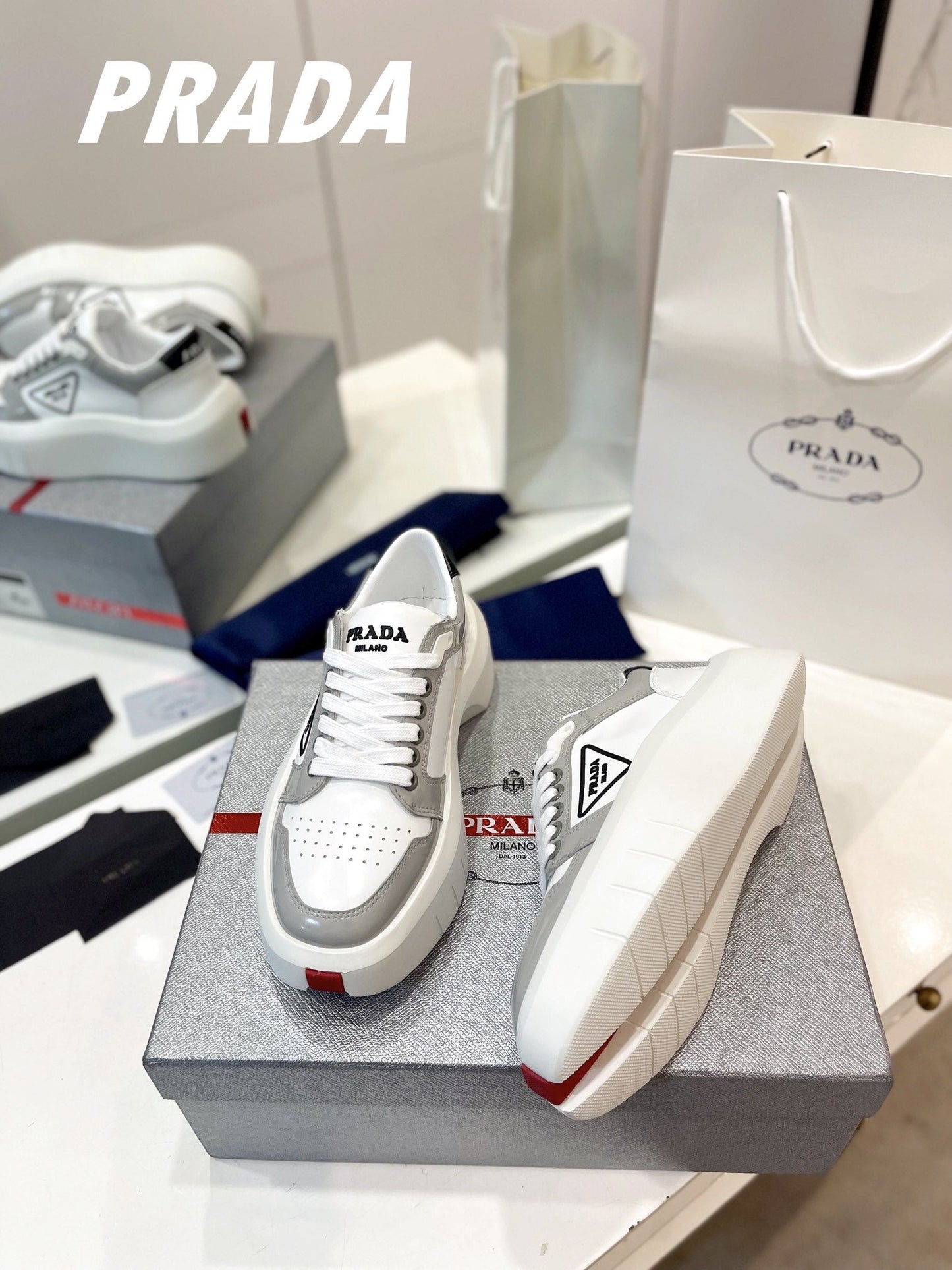 PRA DOWNTOWN THICK-SOLE SNEAKERS WHITE AND GRAY CALFSKIN - 34