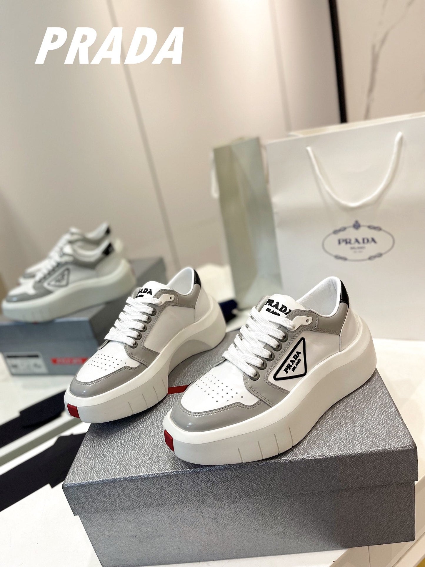 PRA DOWNTOWN THICK-SOLE SNEAKERS WHITE AND GRAY CALFSKIN - 34