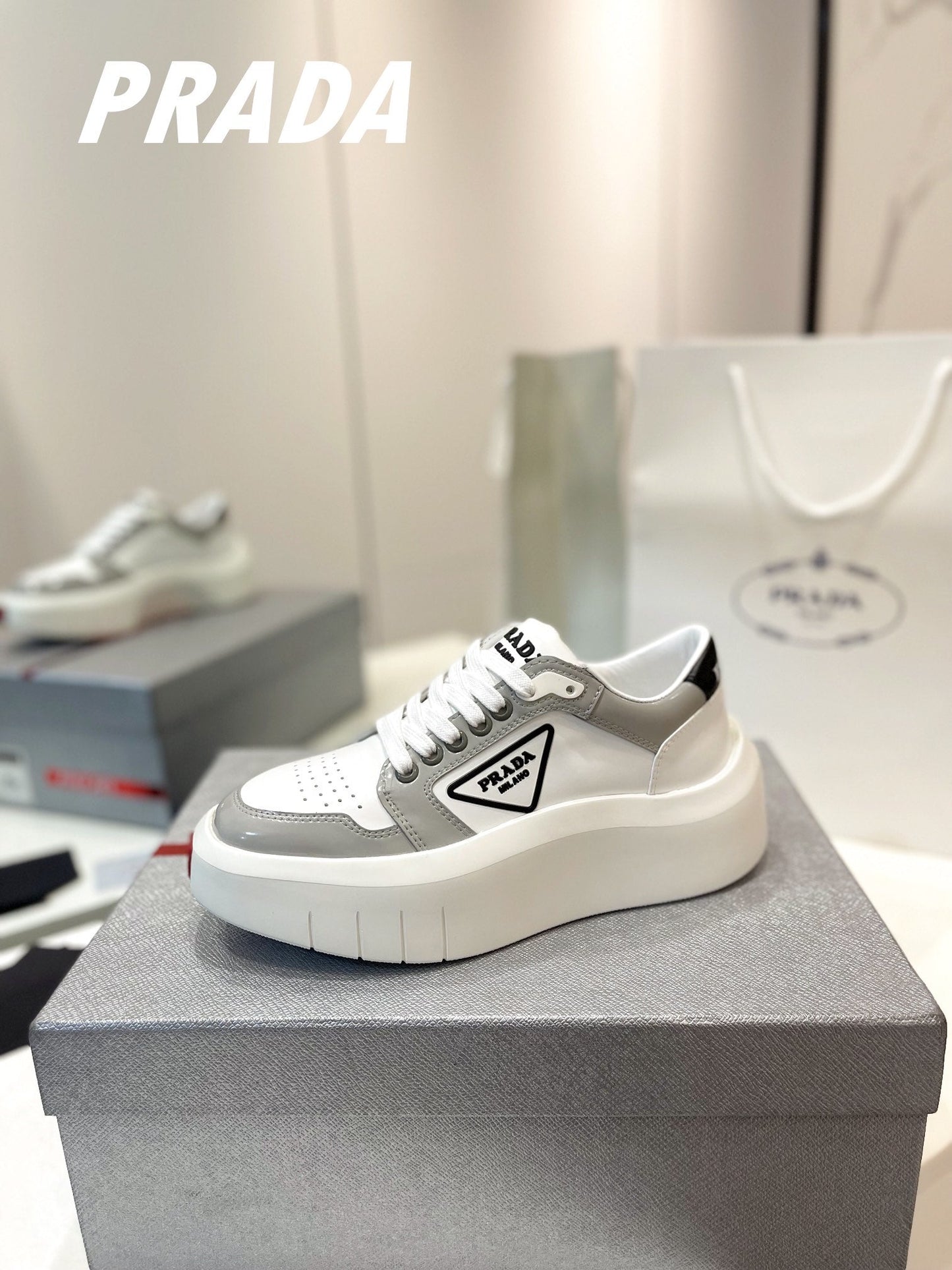 PRA DOWNTOWN THICK-SOLE SNEAKERS WHITE AND GRAY CALFSKIN - 34
