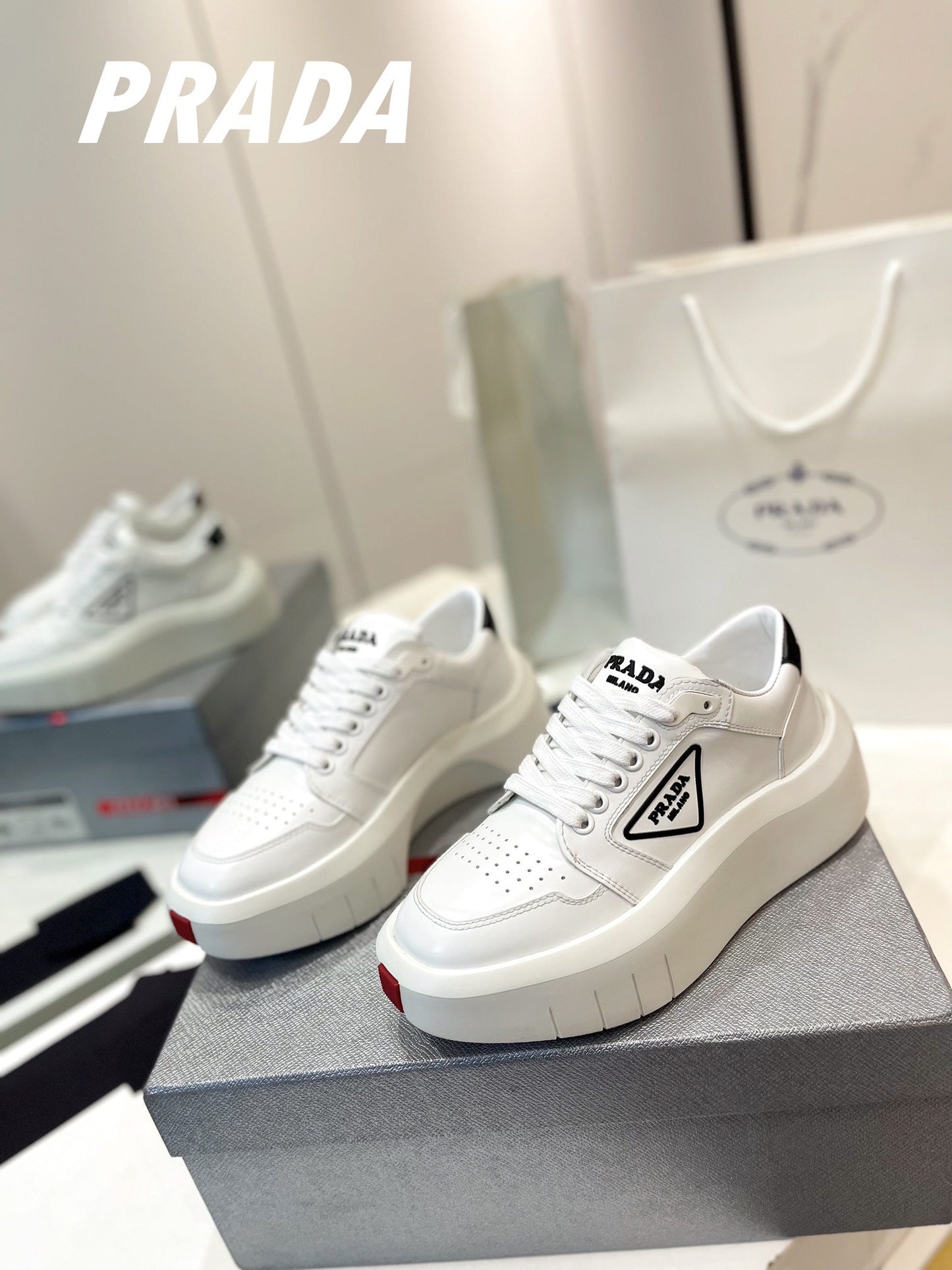 PRA DOWNTOWN THICK-SOLE SNEAKERS WHITE CALFSKIN - 34