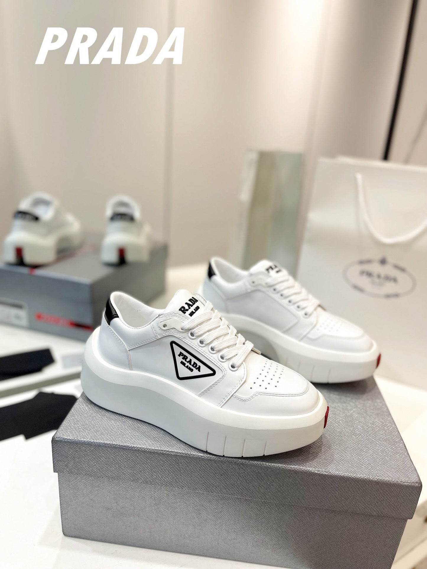 PRA DOWNTOWN THICK-SOLE SNEAKERS WHITE CALFSKIN - 34