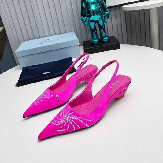 PRADA 26S ГОСТРОНОСІ ТУФЛІ-СЛІНГБЕКИ 40 ММ З РОЖЕВОГО АТЛАСУ З ДЕКОРОМ З КРИСТАЛІВ