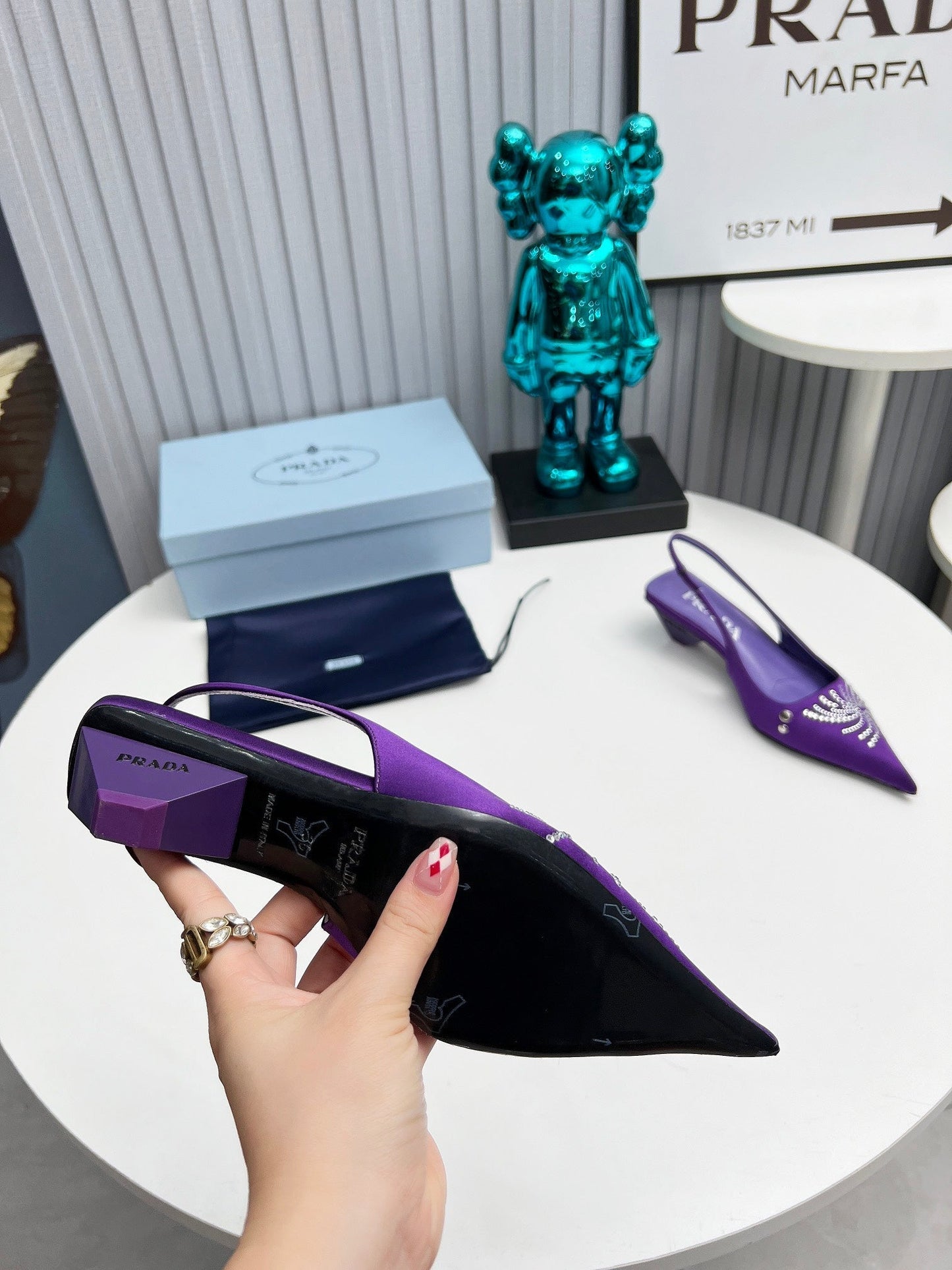 PRADA 26S POINTED TOE SLINGBACK 40MM IN PURPLE SATIN CRYSTAL EMBELLISHED