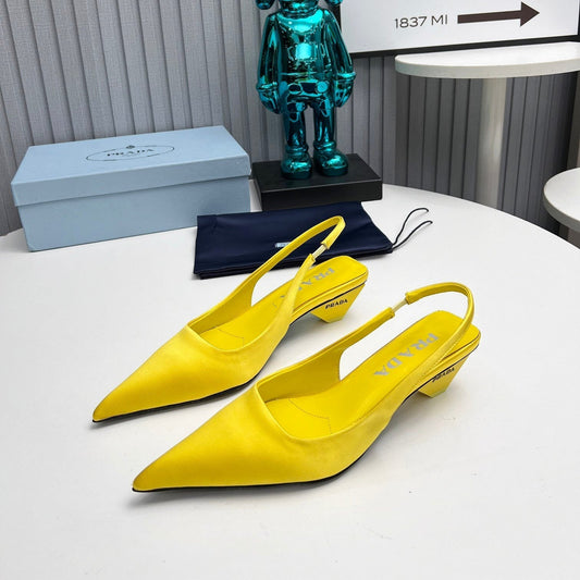 PRADA 26S СЛІНГБЕКИ З ГОСТРИМ НОСКОМ 40 ММ ЖОВТИЙ АТЛАС