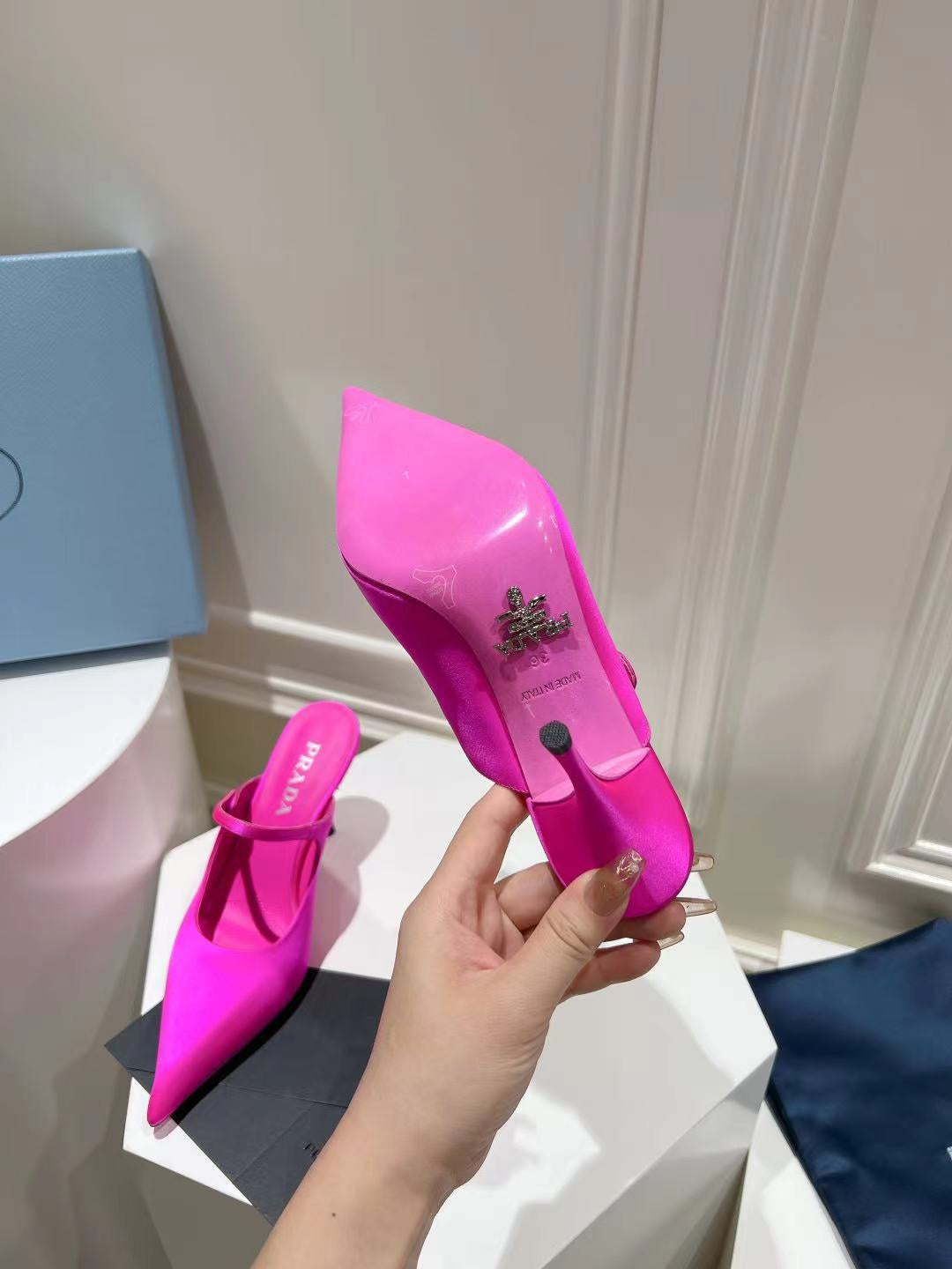 PRA HIGH-HEELED MULES BRIGHT PINK SATIN - 34