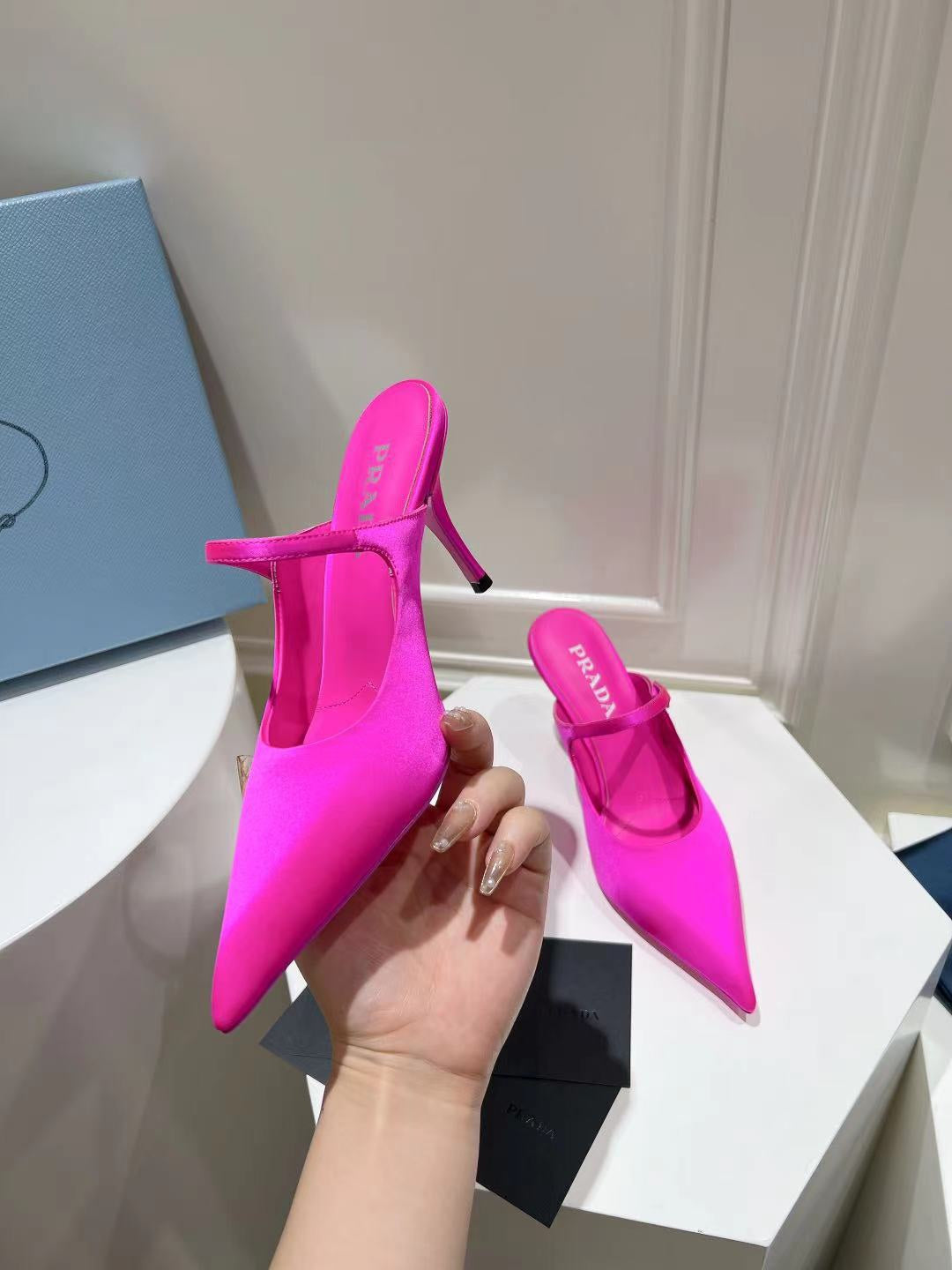 PRA HIGH-HEELED MULES BRIGHT PINK SATIN - 34