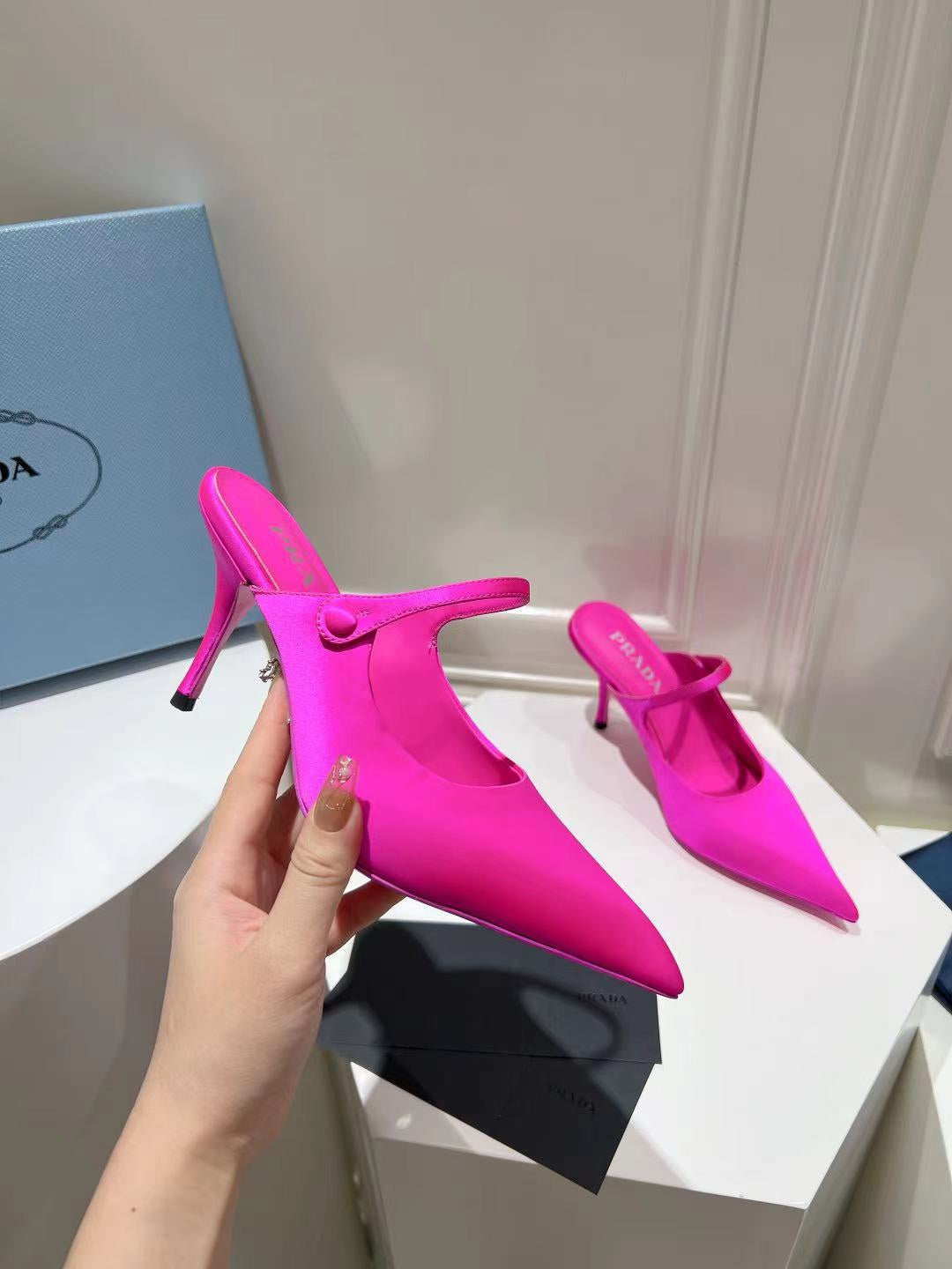 PRA HIGH-HEELED MULES BRIGHT PINK SATIN - 34